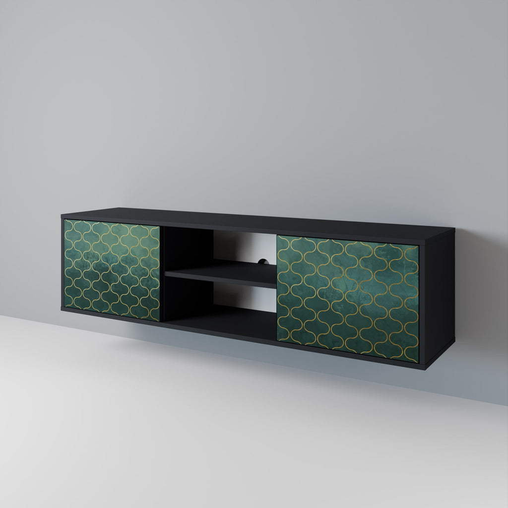 Meuble TV 2 portes TESSELATED GREENERY, finition noire