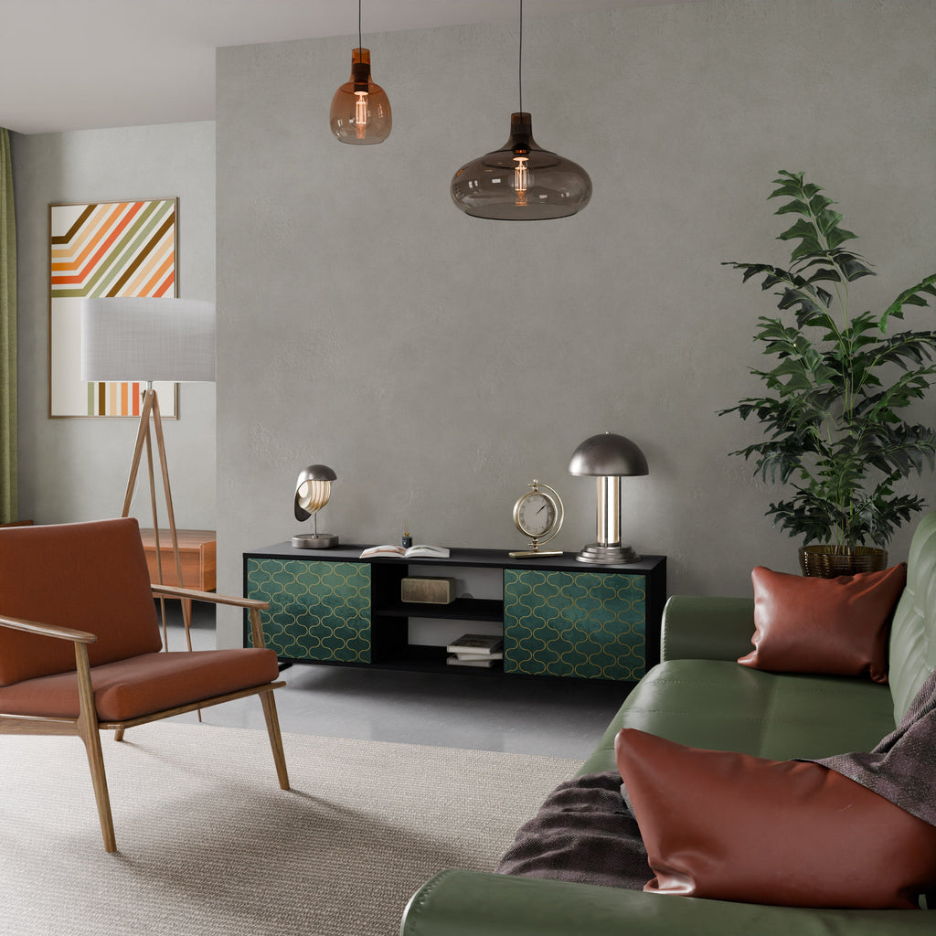 Meuble TV 2 portes TESSELATED GREENERY, finition noire