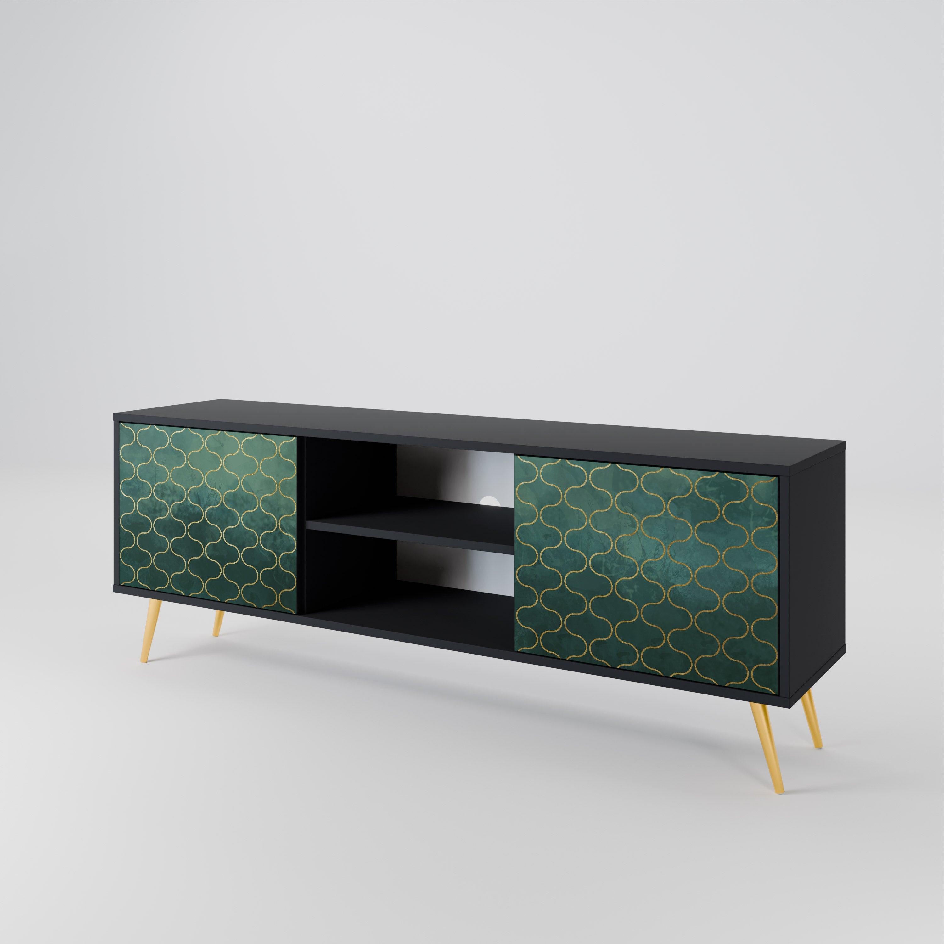 Meuble TV 2 portes TESSELATED GREENERY, finition noire