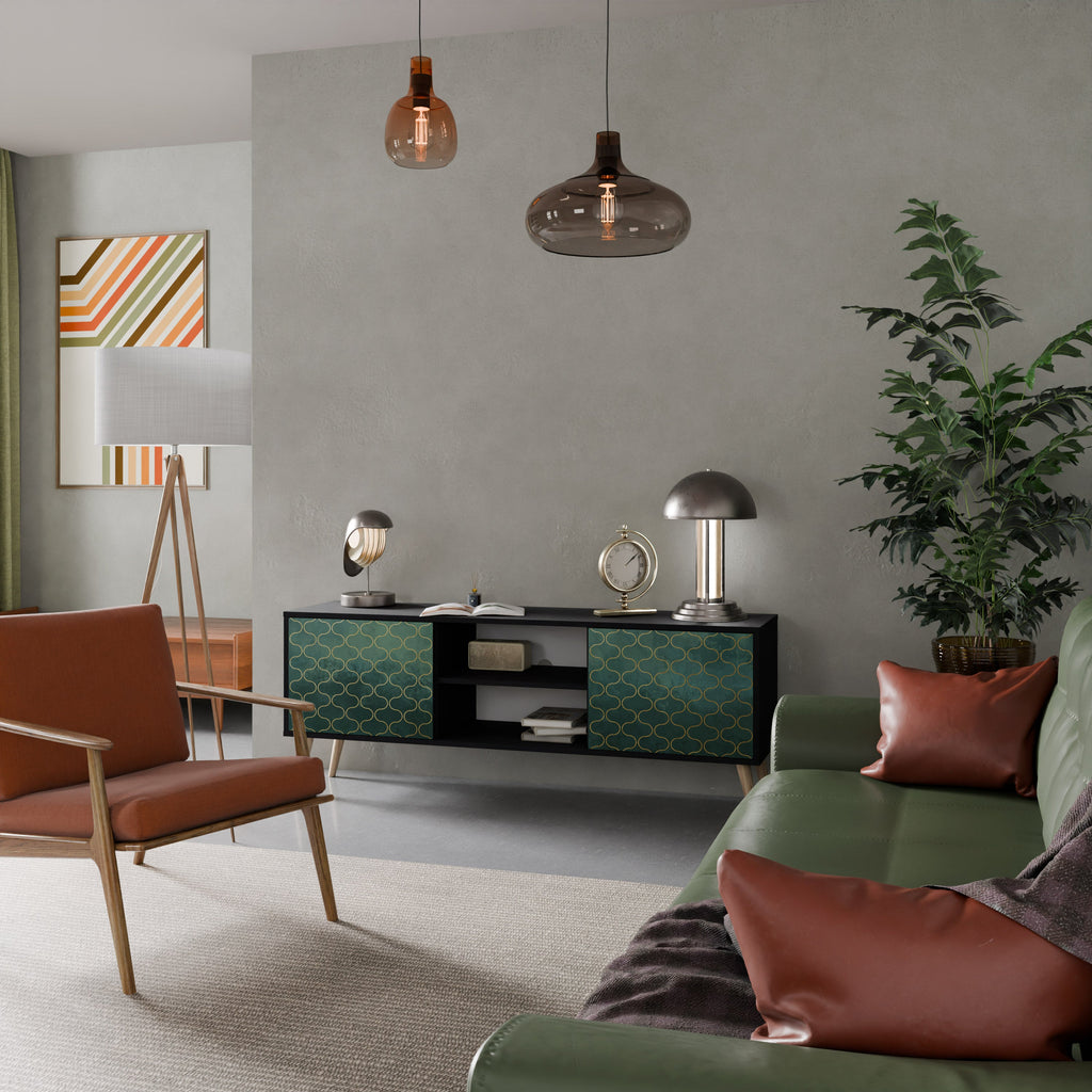 Meuble TV 2 portes TESSELATED GREENERY, finition noire