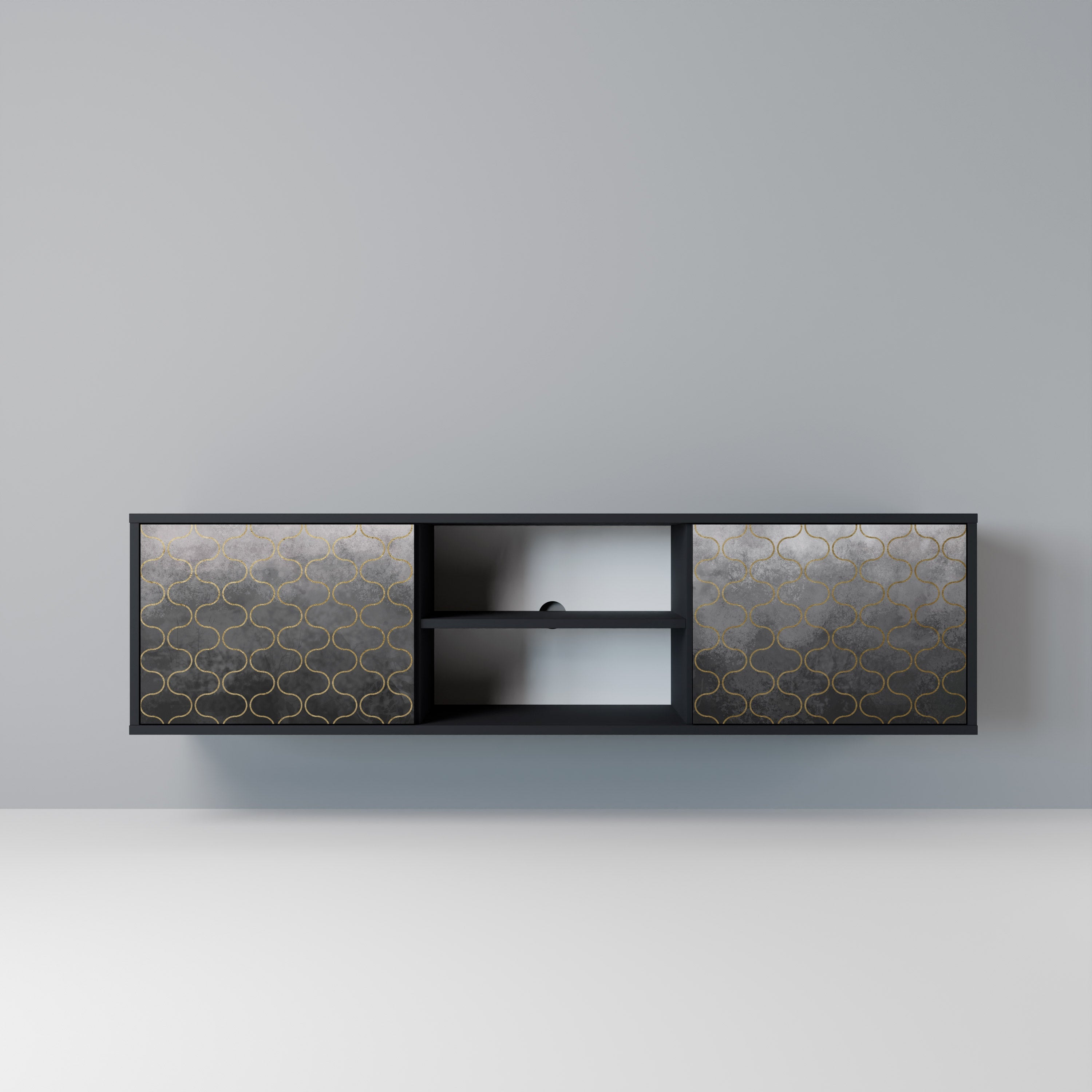 Meuble TV 2 portes TESSELATED GRAYISH, finition noire