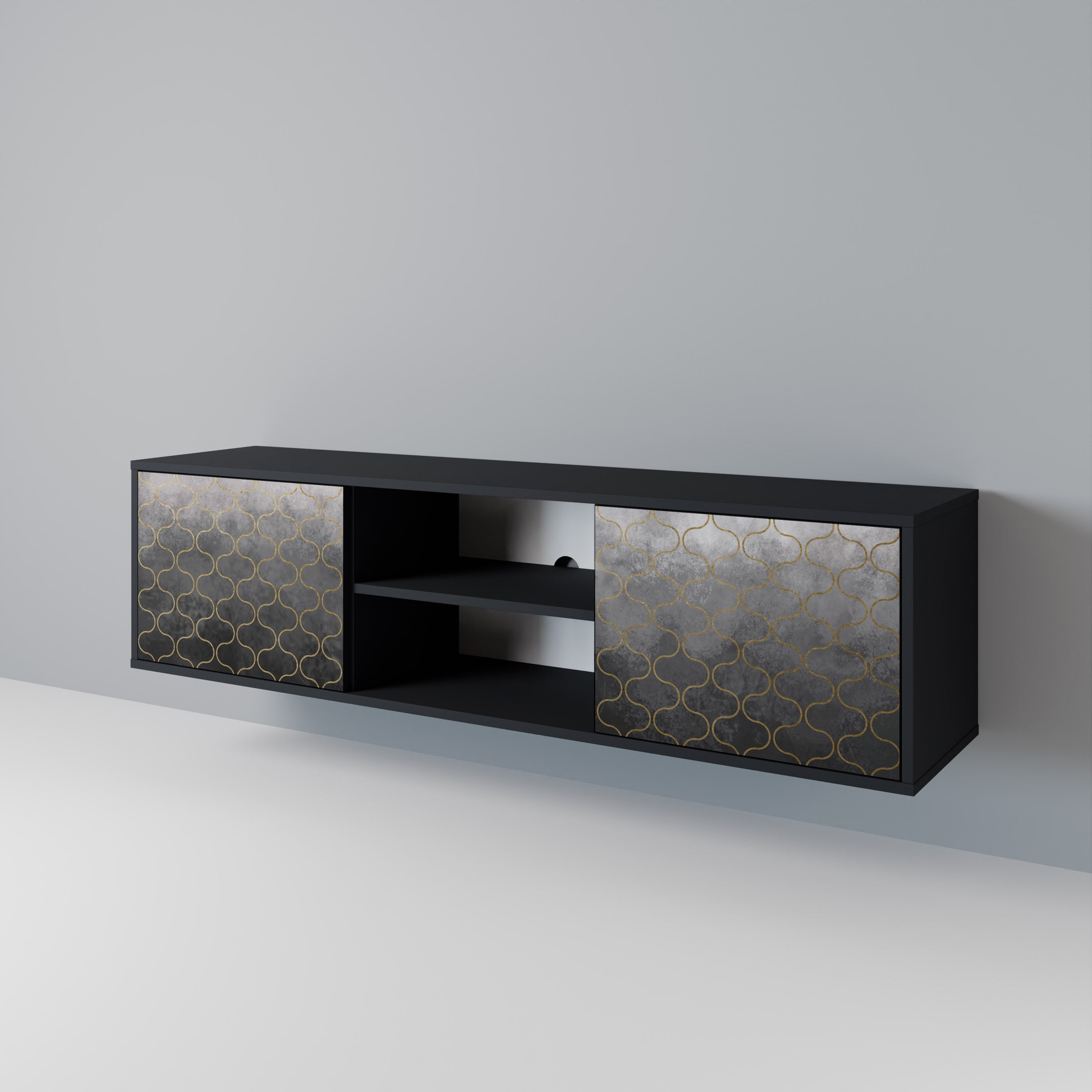 Meuble TV 2 portes TESSELATED GRAYISH, finition noire