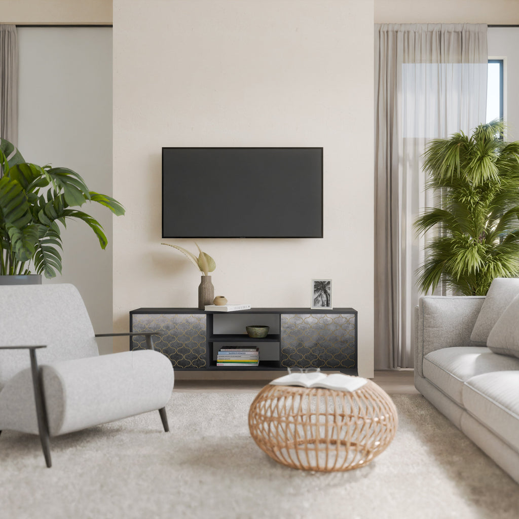 Meuble TV 2 portes TESSELATED GRAYISH, finition noire