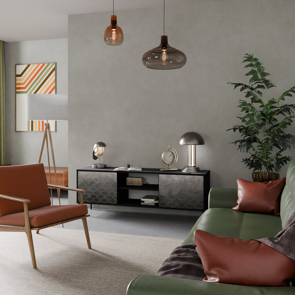 Meuble TV 2 portes TESSELATED GRAYISH, finition noire