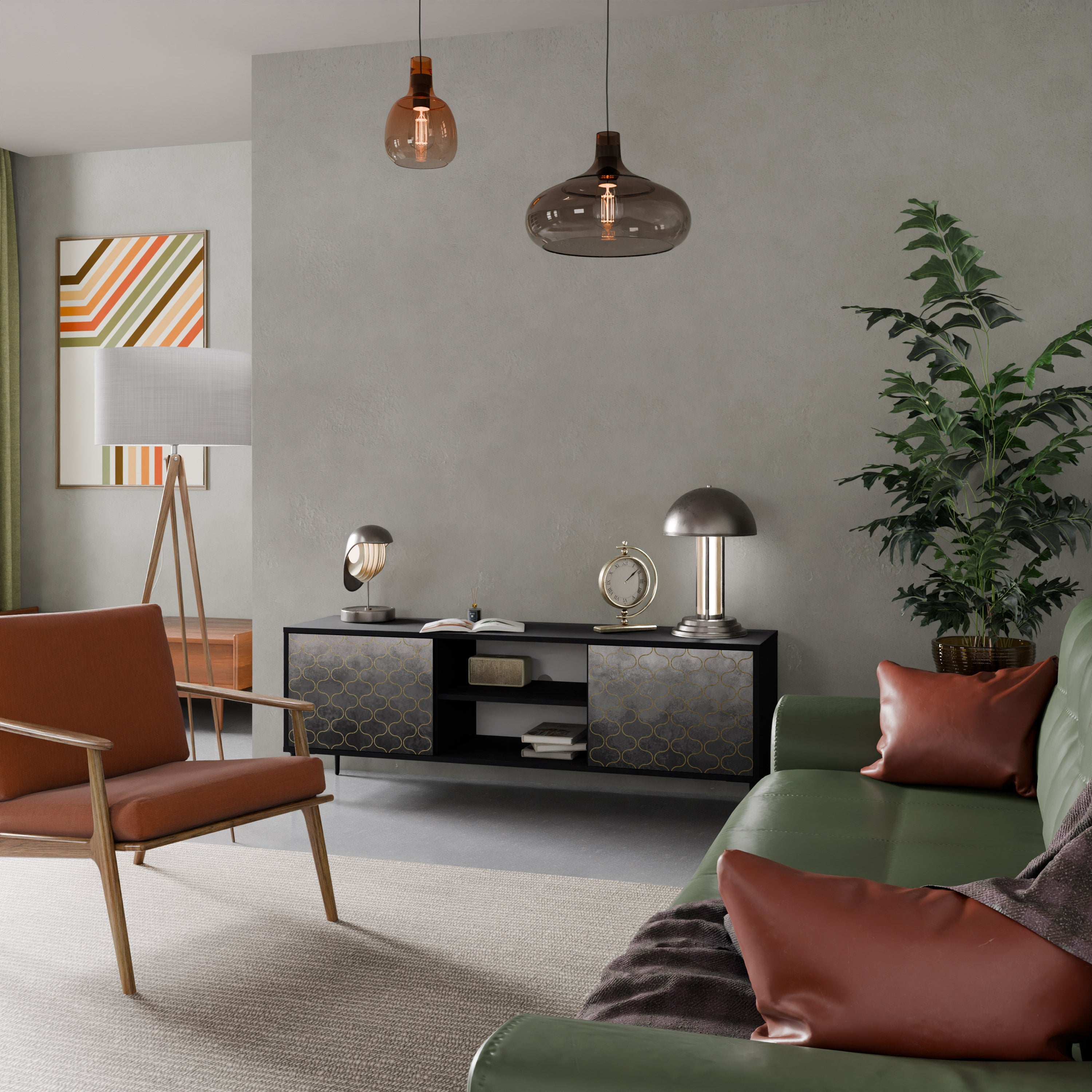 Meuble TV 2 portes TESSELATED GRAYISH, finition noire