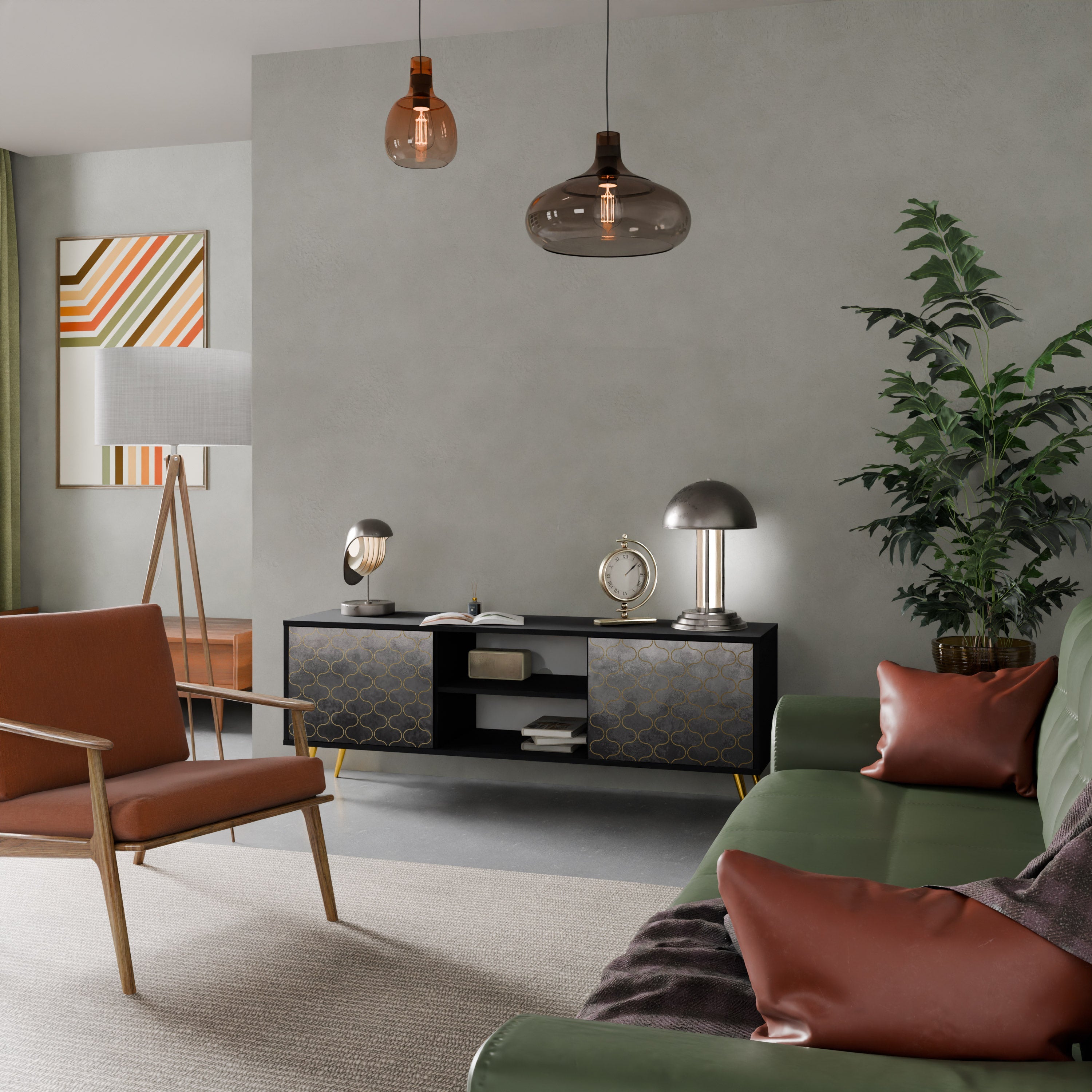 Meuble TV 2 portes TESSELATED GRAYISH, finition noire