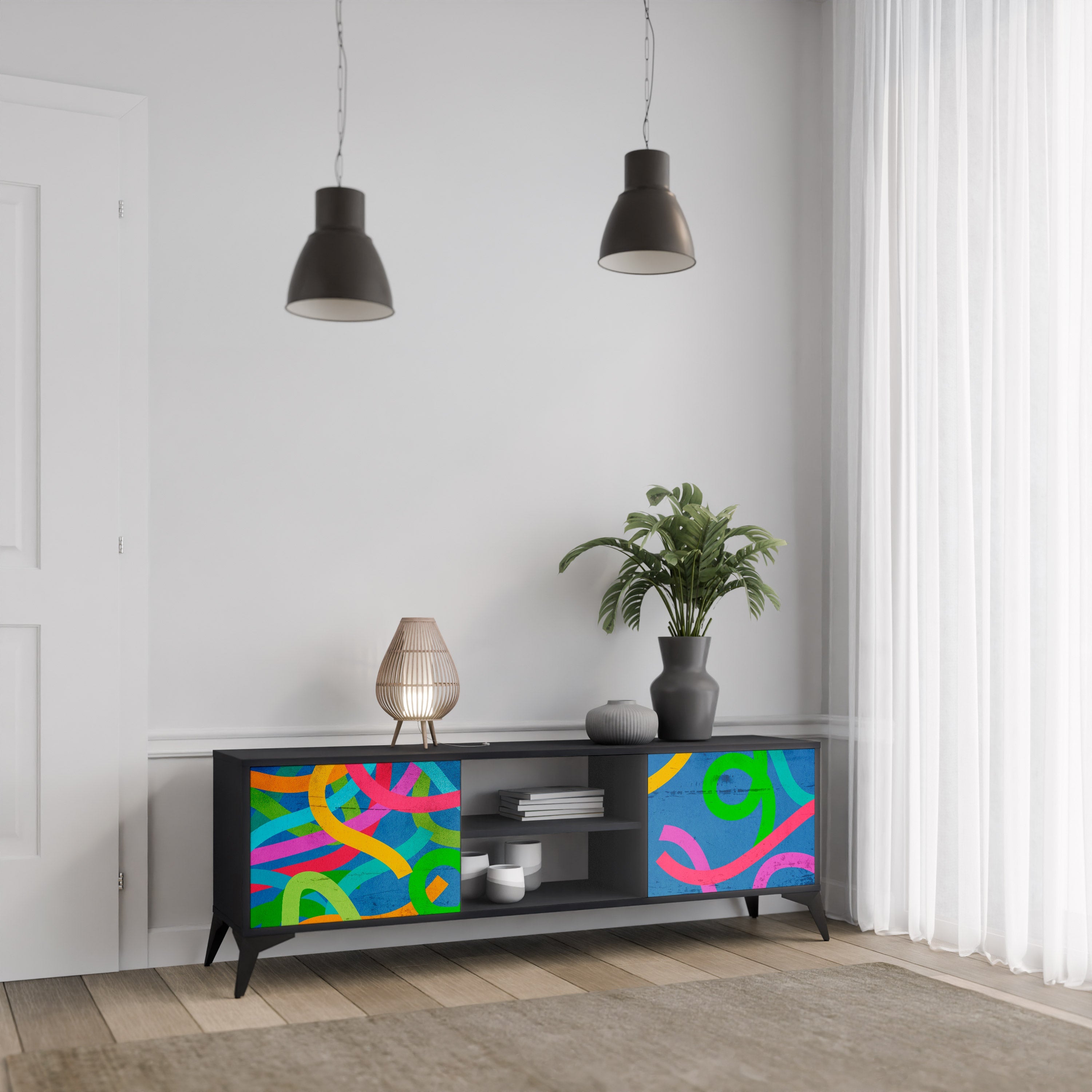 Meuble TV 2 portes STREAMER TANGLE finition noire