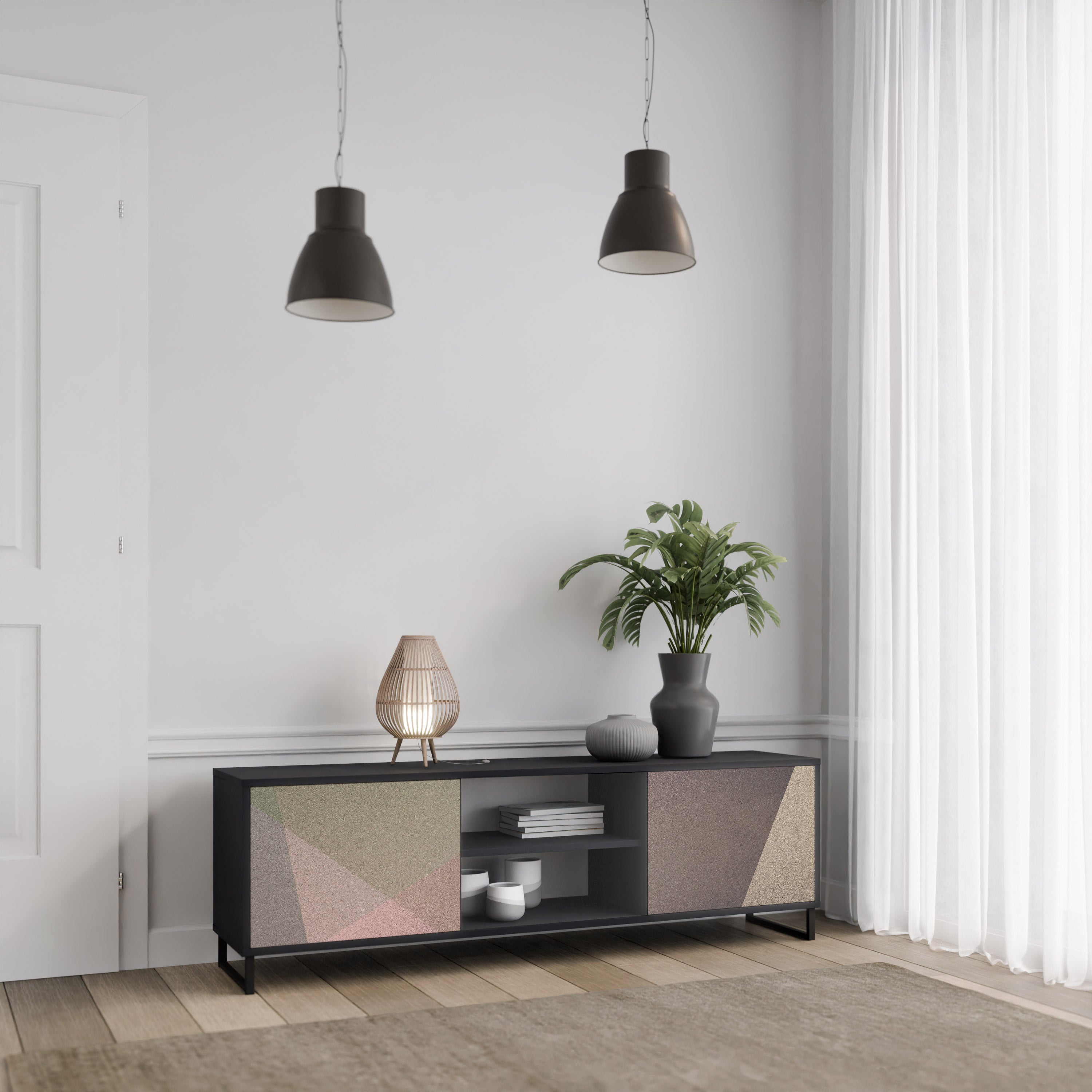 Meuble TV 2 portes BEIGE GEOMETRY, finition noire
