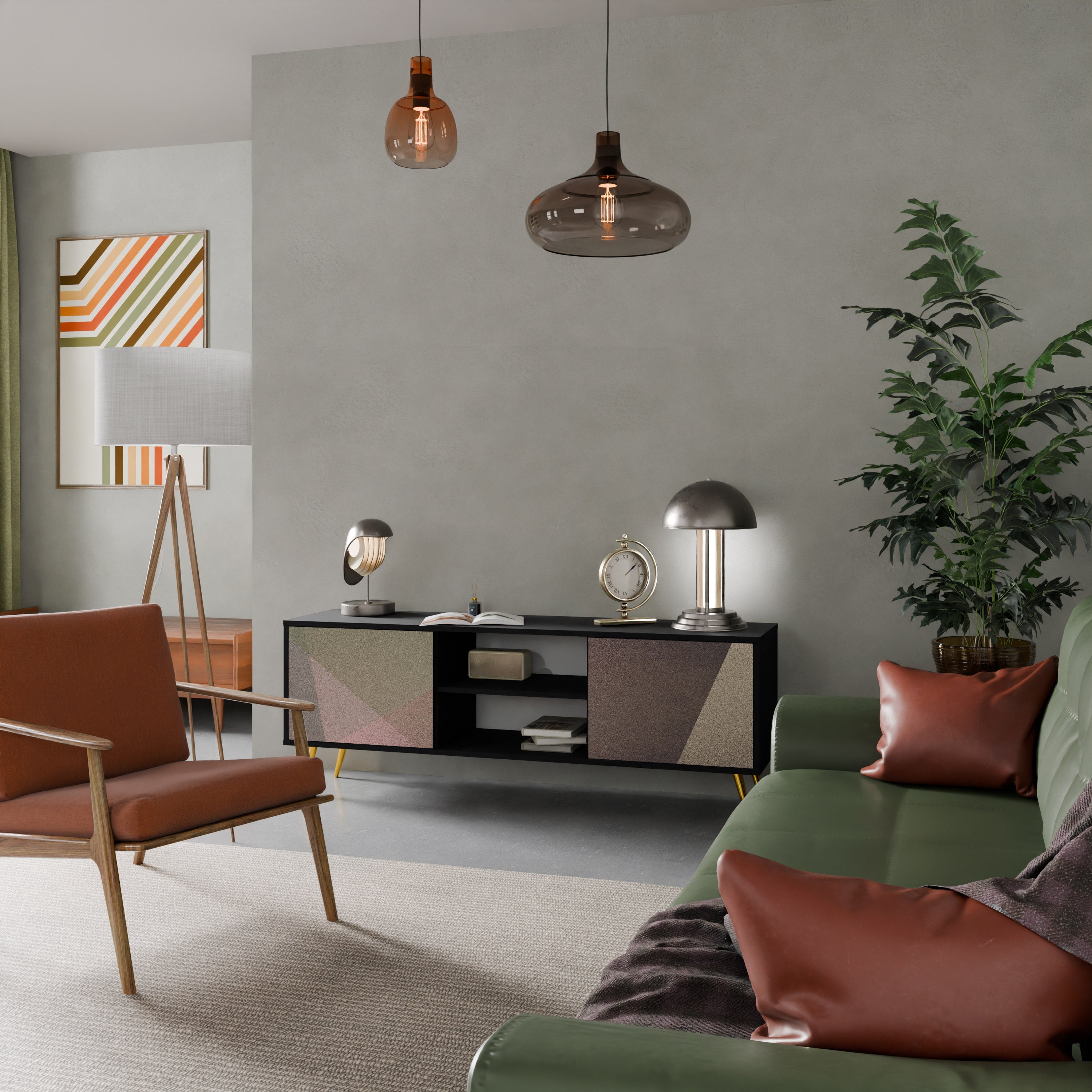 Meuble TV 2 portes BEIGE GEOMETRY, finition noire