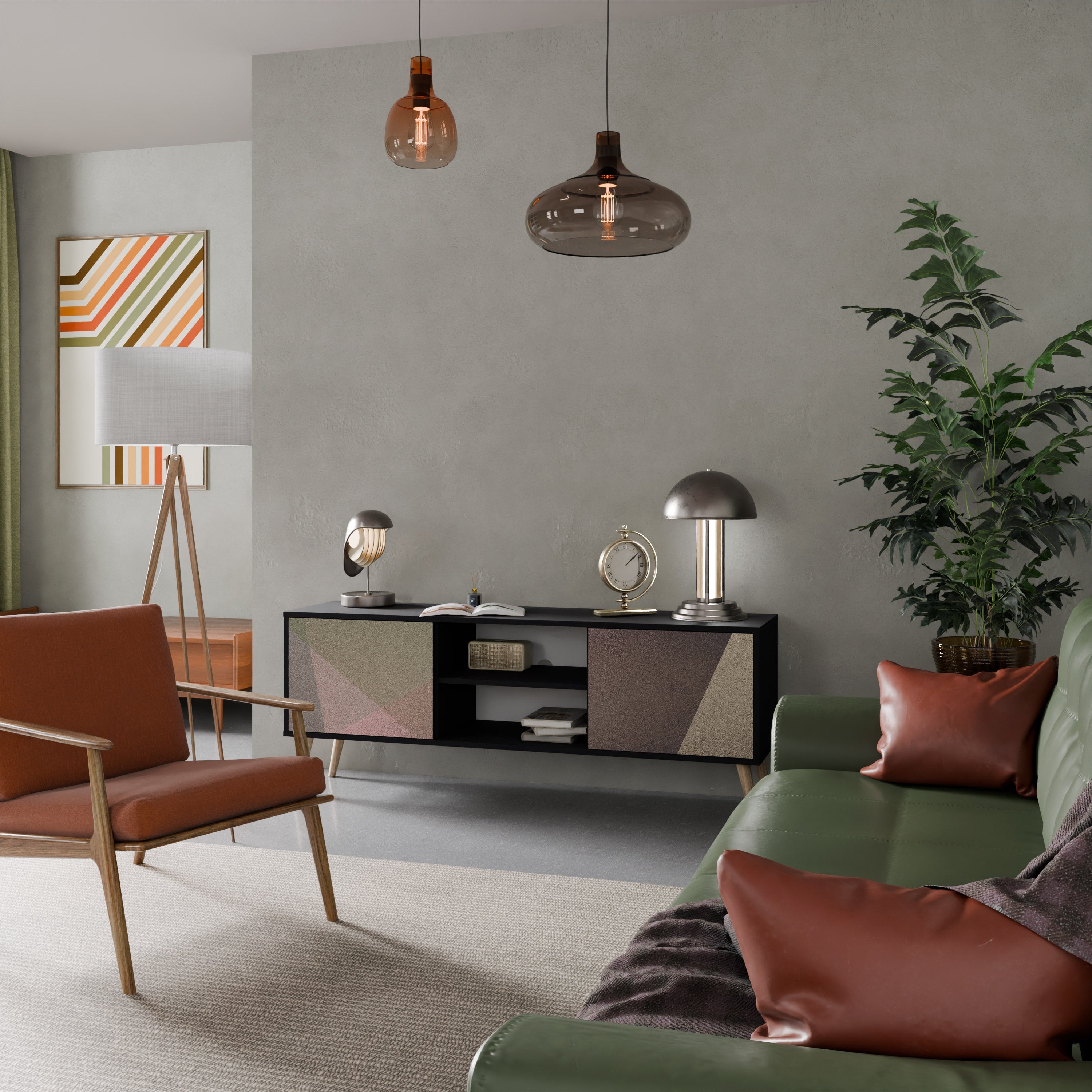 Meuble TV 2 portes BEIGE GEOMETRY, finition noire