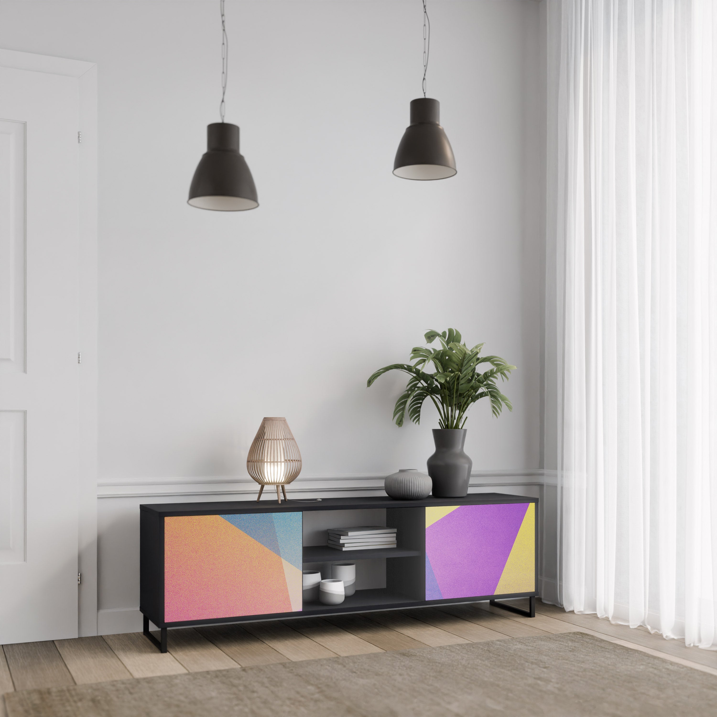 Meuble TV 2 portes BRIGHT GEOMETRY en finition noire