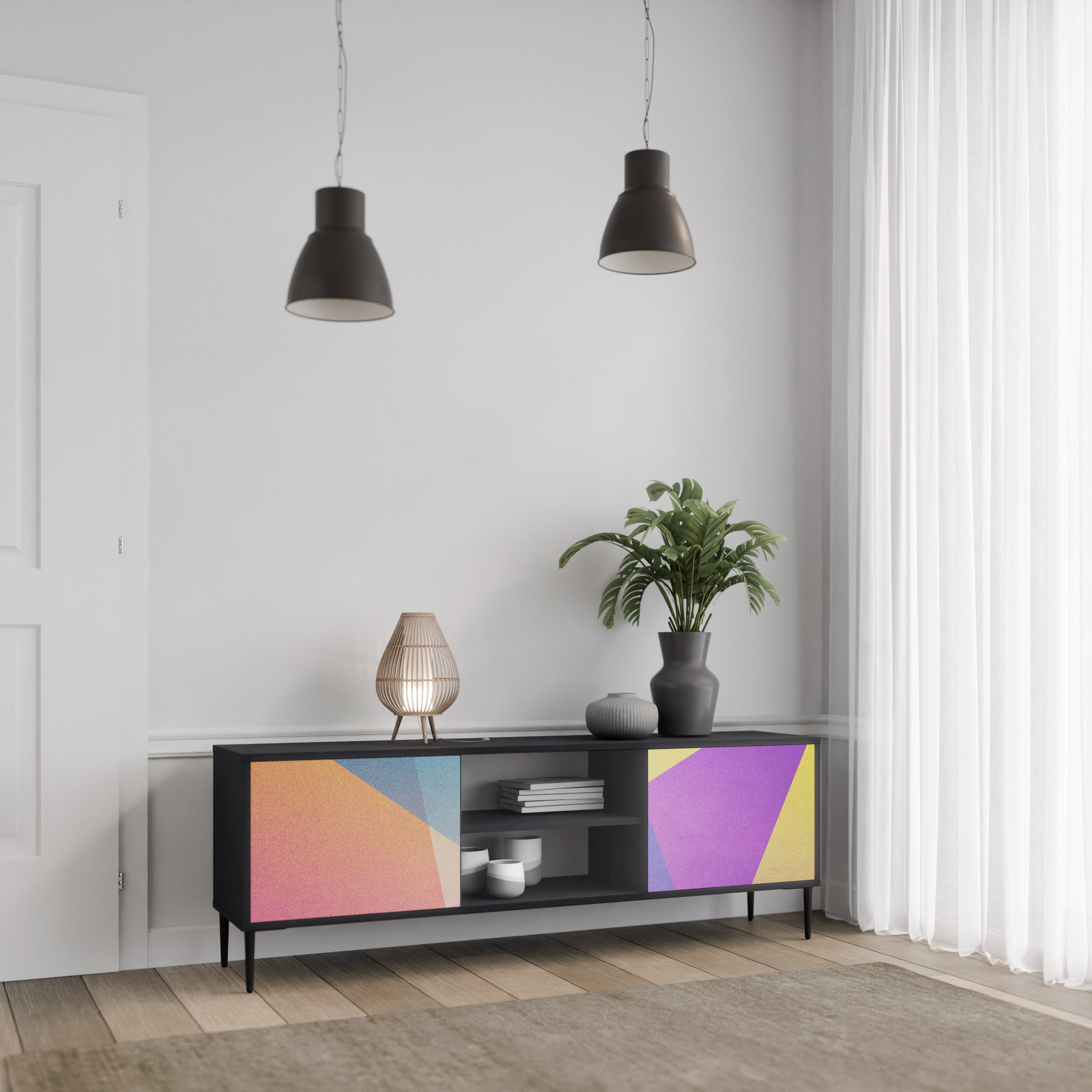 Meuble TV 2 portes BRIGHT GEOMETRY en finition noire
