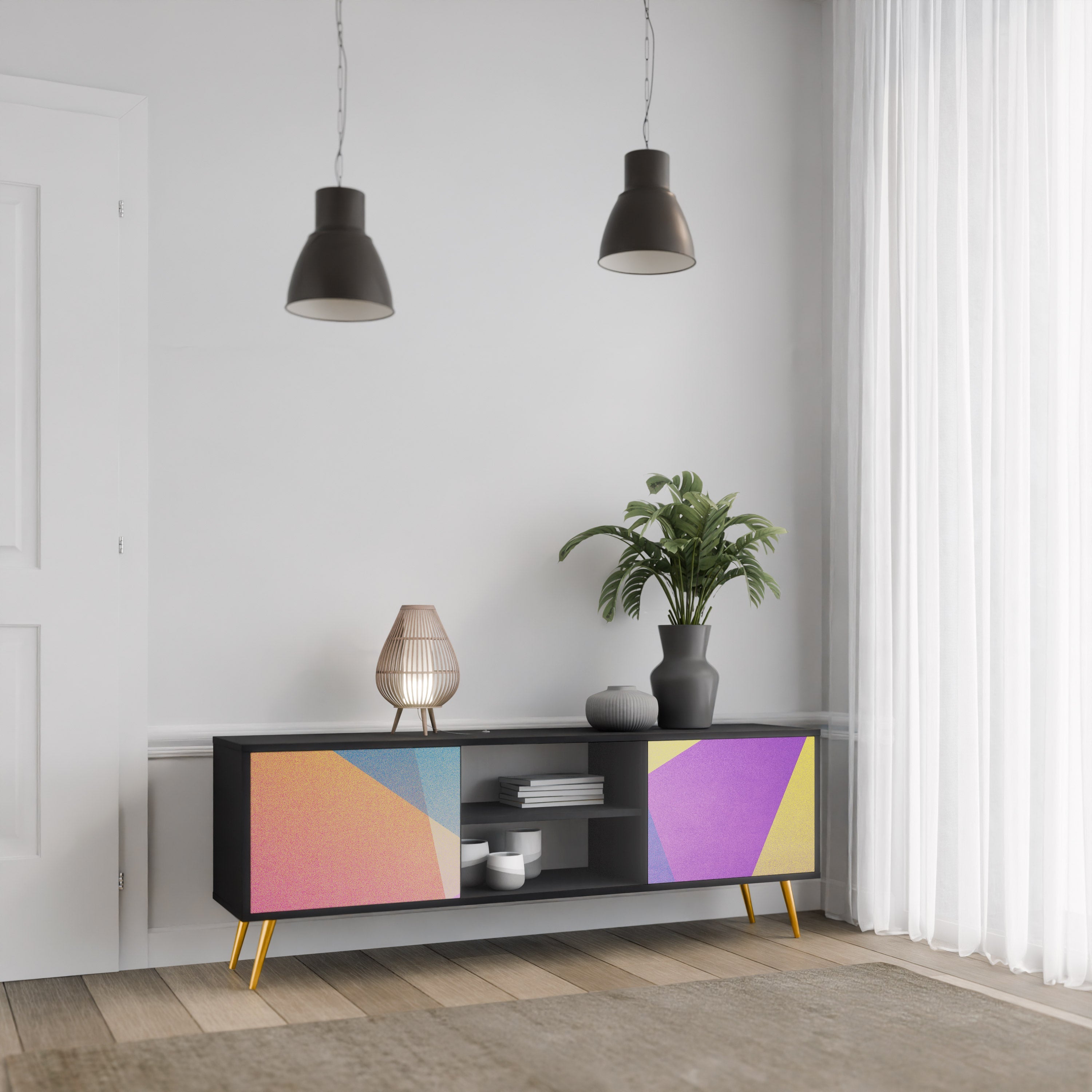 Meuble TV 2 portes BRIGHT GEOMETRY en finition noire