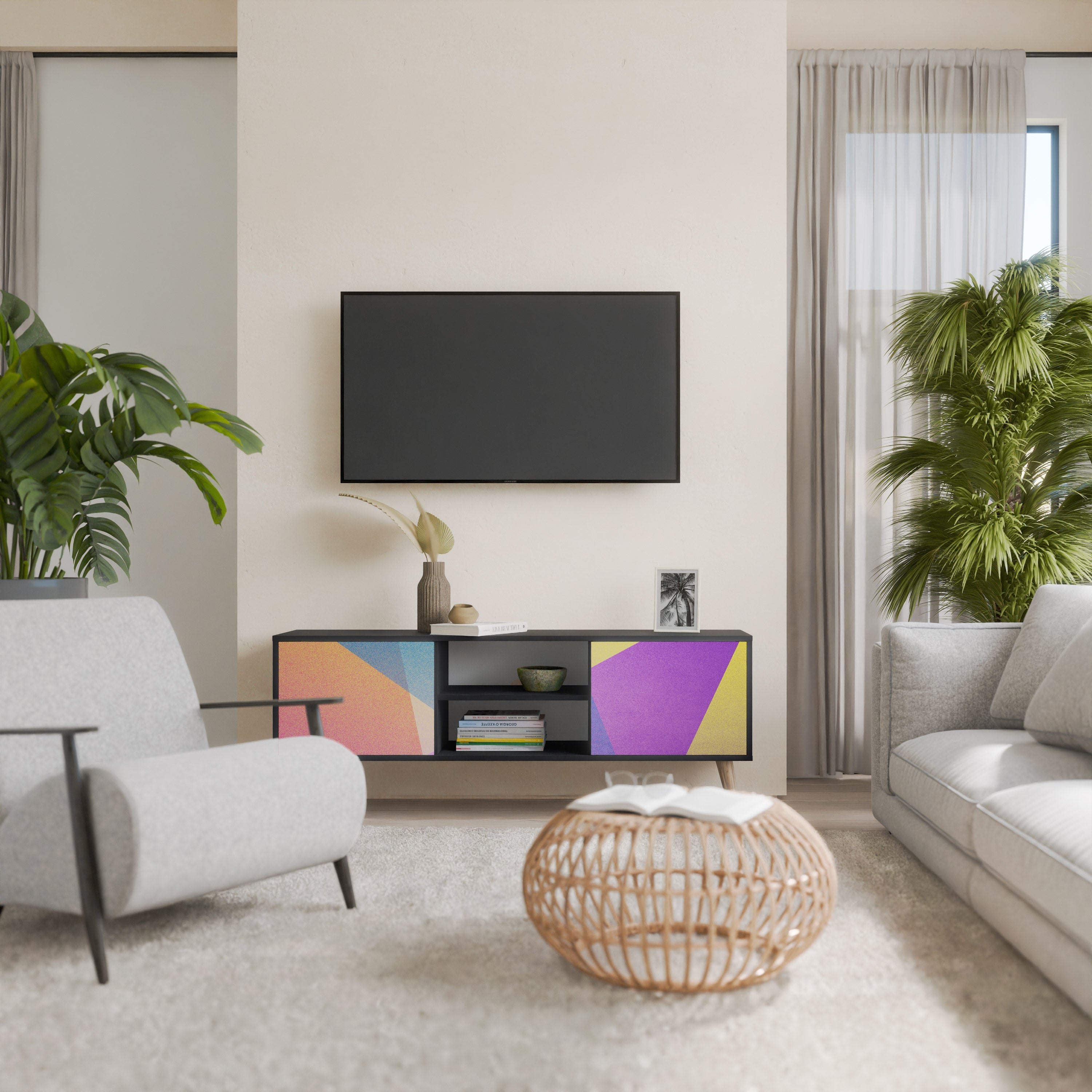 Meuble TV 2 portes BRIGHT GEOMETRY en finition noire