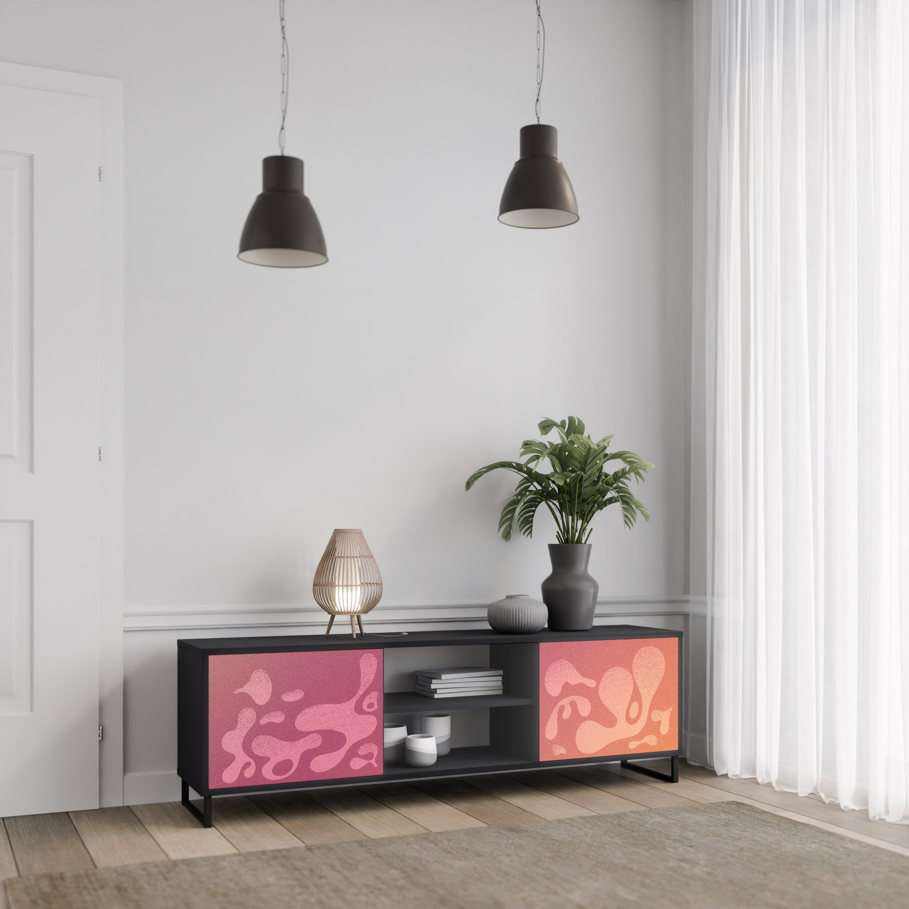 Meuble TV 2 portes IRREGULAR PINK, finition noire