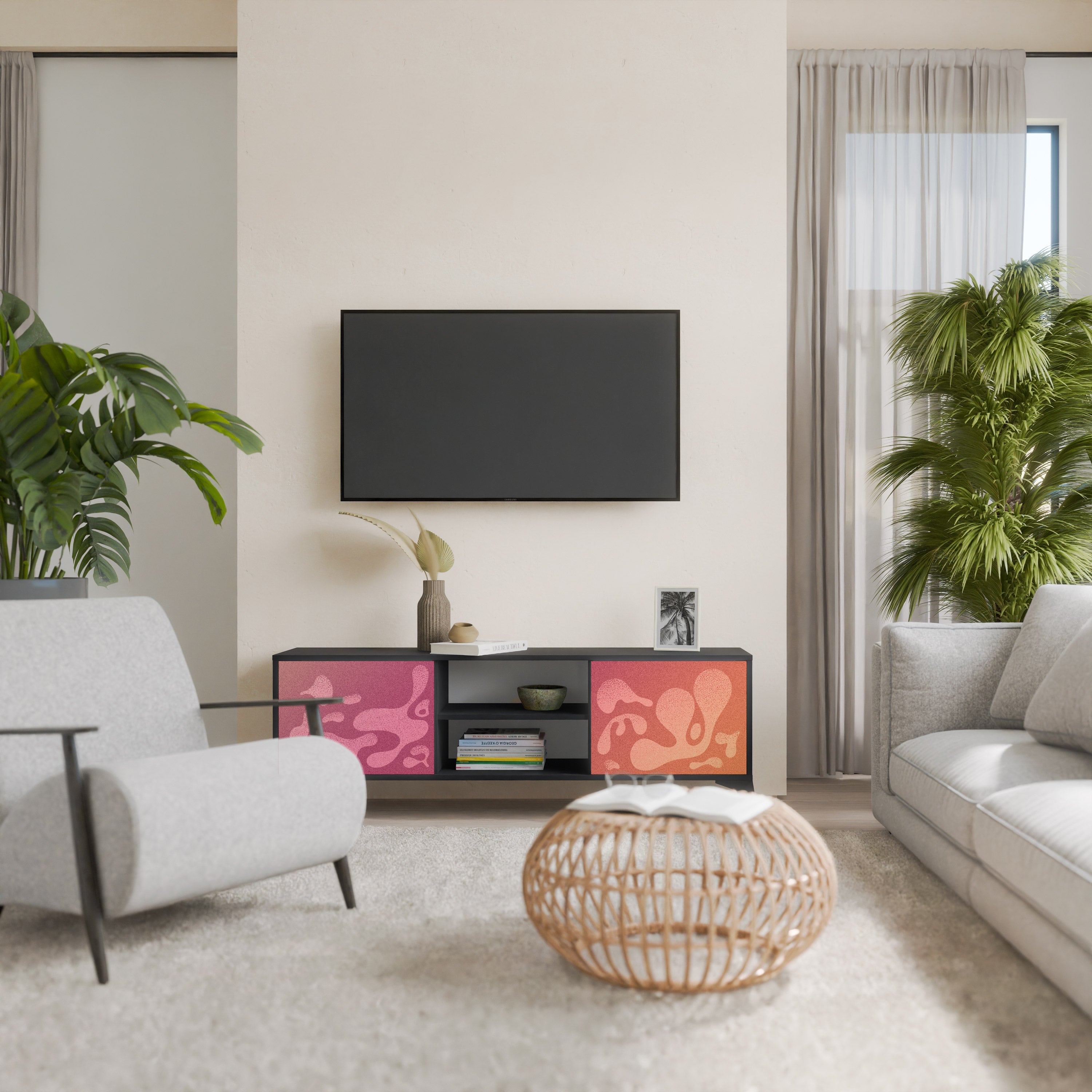 Meuble TV 2 portes IRREGULAR PINK, finition noire