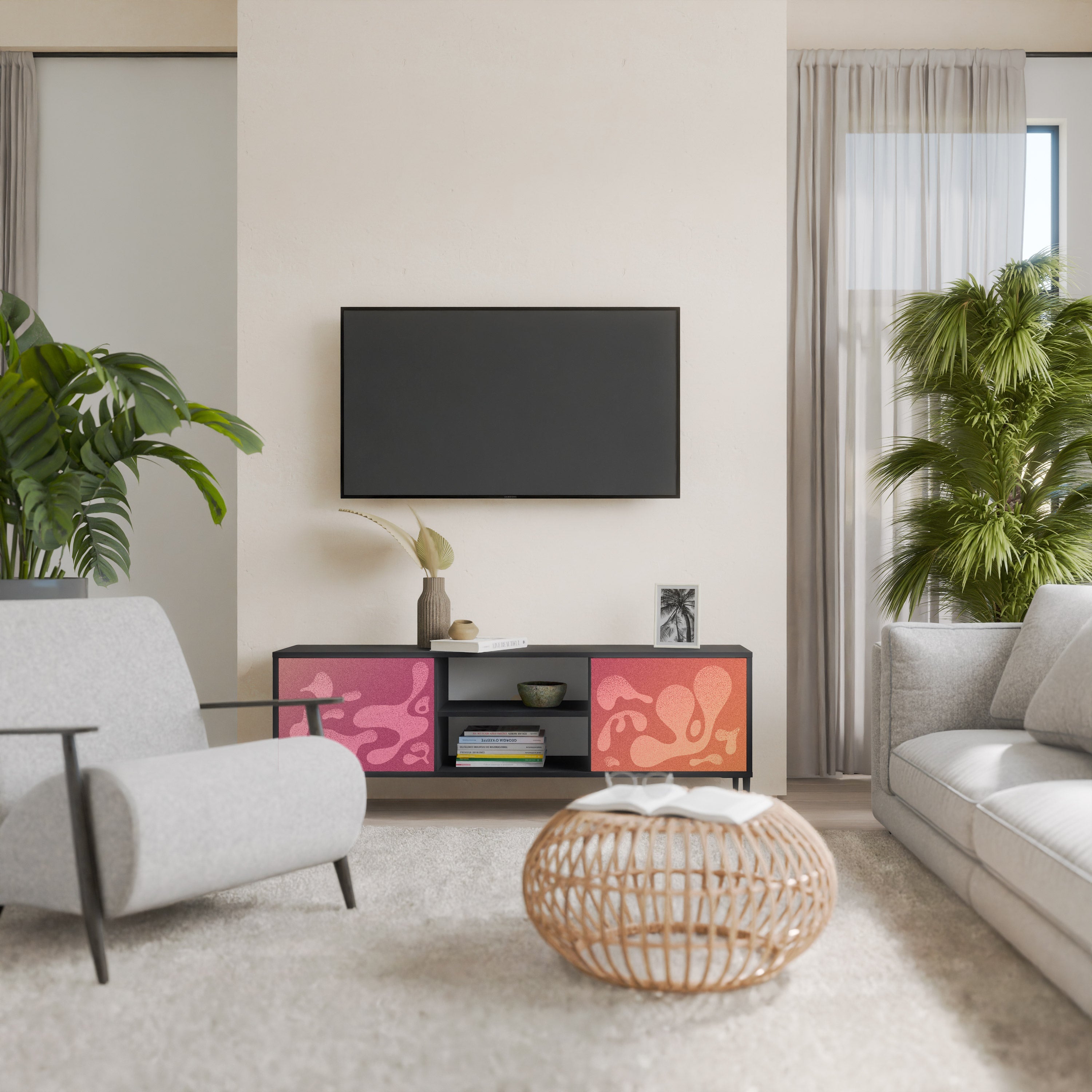 Meuble TV 2 portes IRREGULAR PINK, finition noire