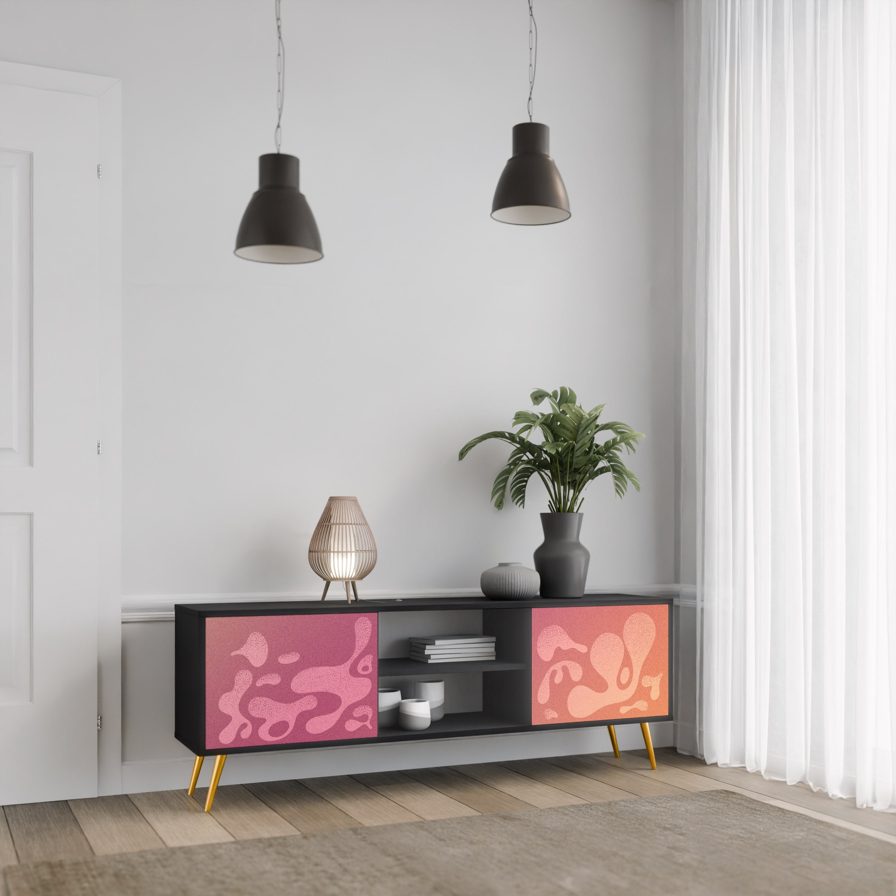Meuble TV 2 portes IRREGULAR PINK, finition noire