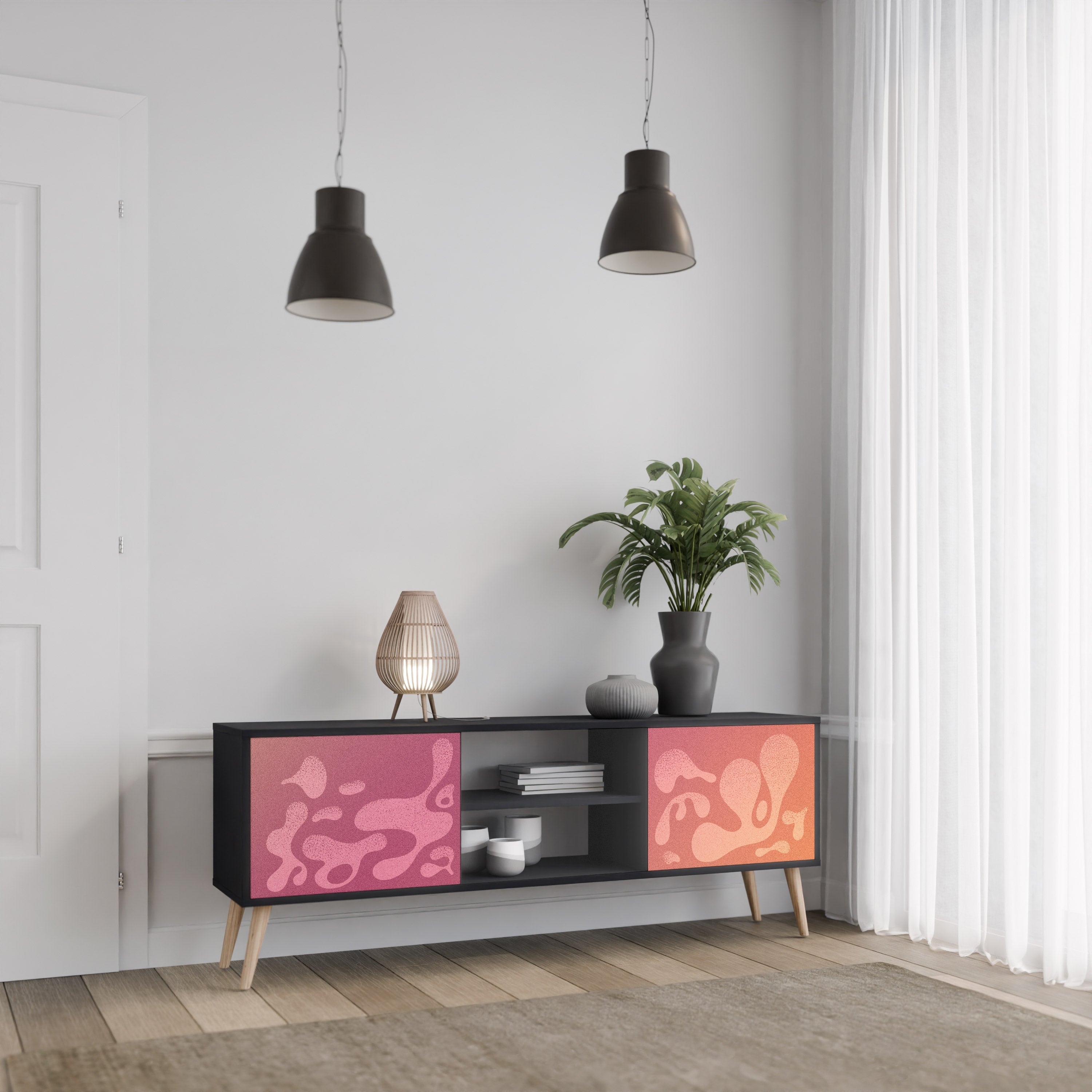 Meuble TV 2 portes IRREGULAR PINK, finition noire