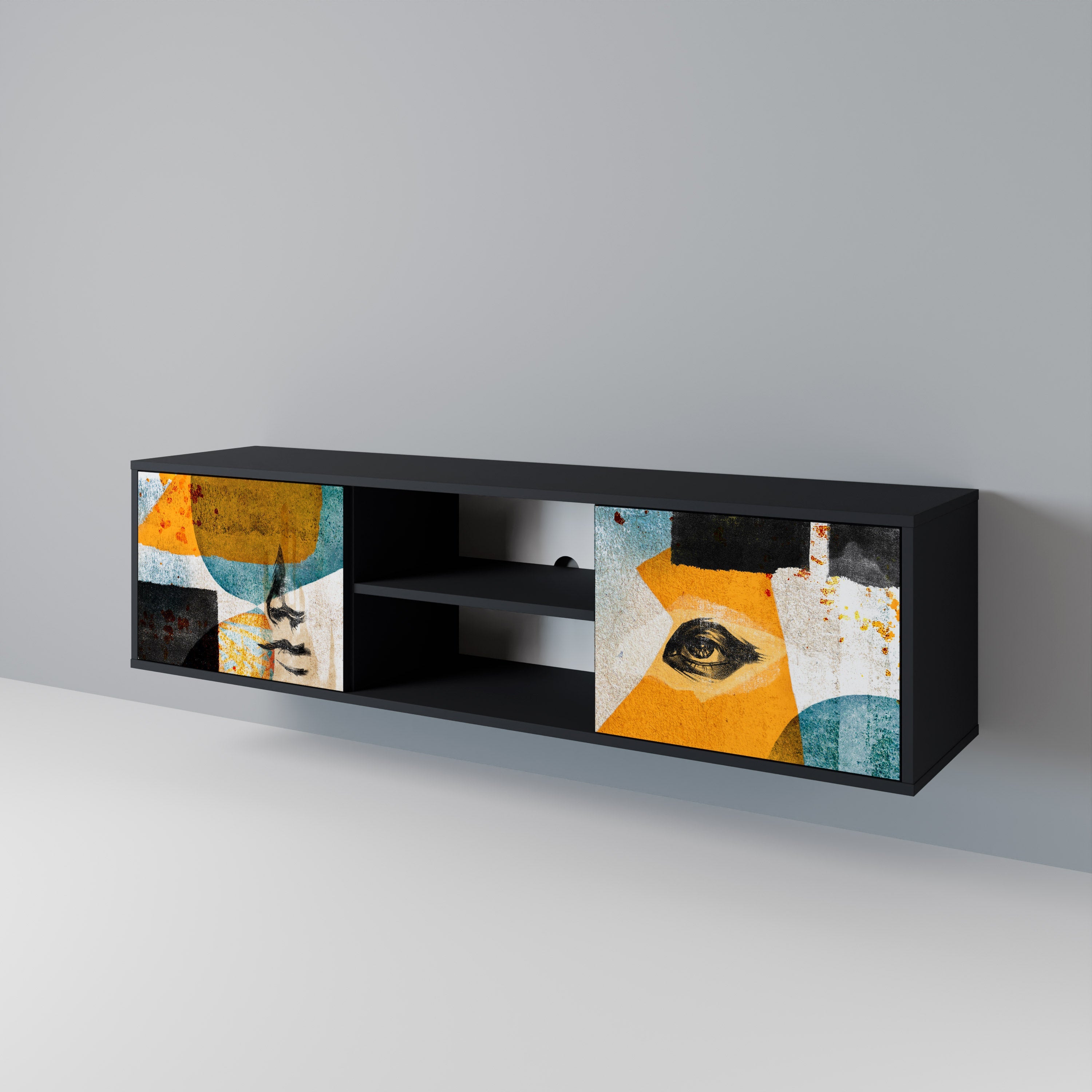 Meuble TV 2 portes ABSTRACT FACES, finition noire