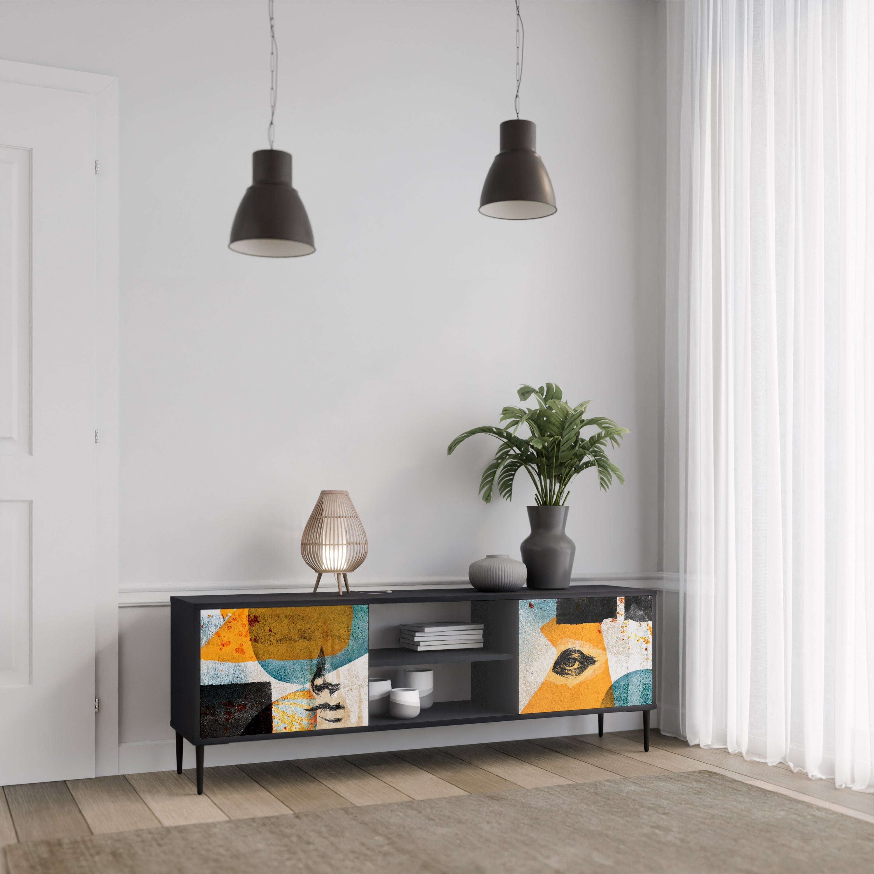 Meuble TV 2 portes ABSTRACT FACES, finition noire