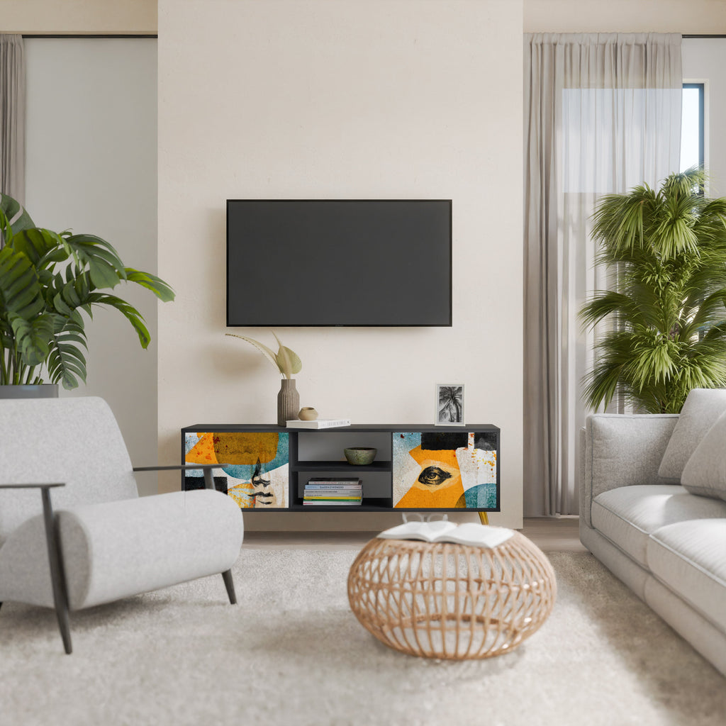 Meuble TV 2 portes ABSTRACT FACES, finition noire