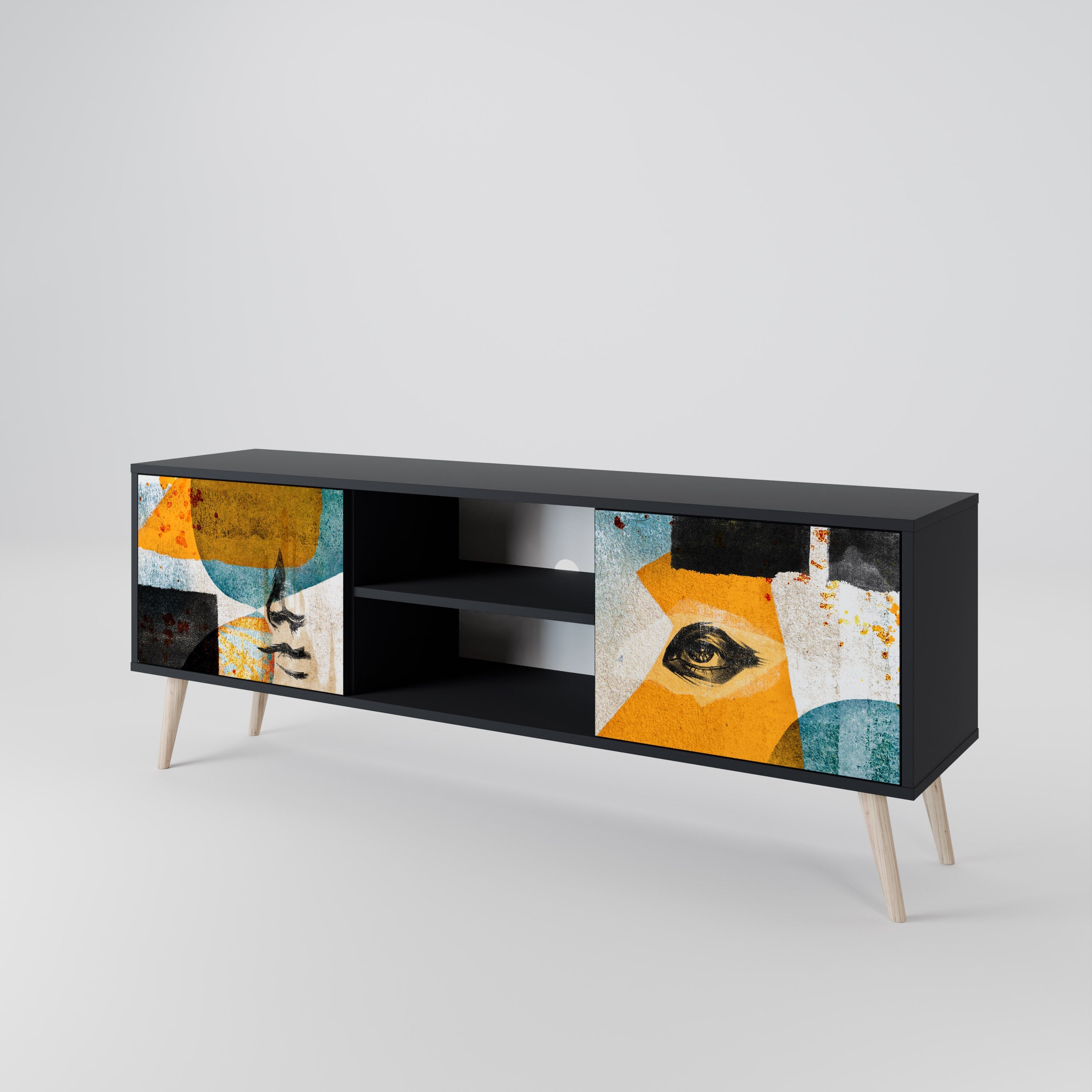 Meuble TV 2 portes ABSTRACT FACES, finition noire