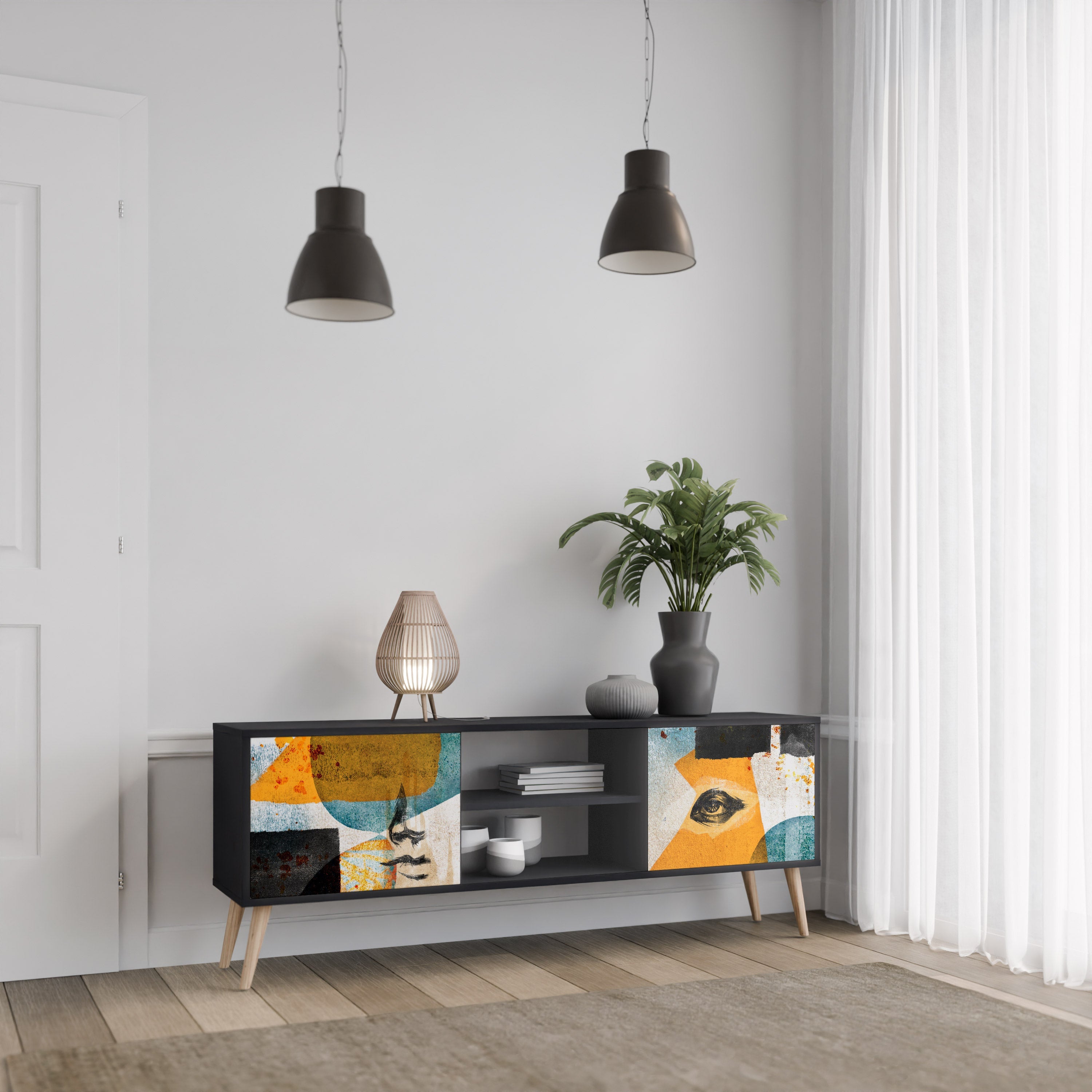 Meuble TV 2 portes ABSTRACT FACES, finition noire