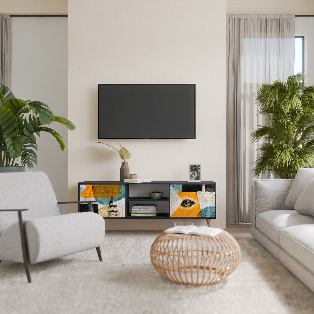 Meuble TV 2 portes ABSTRACT FACES, finition noire