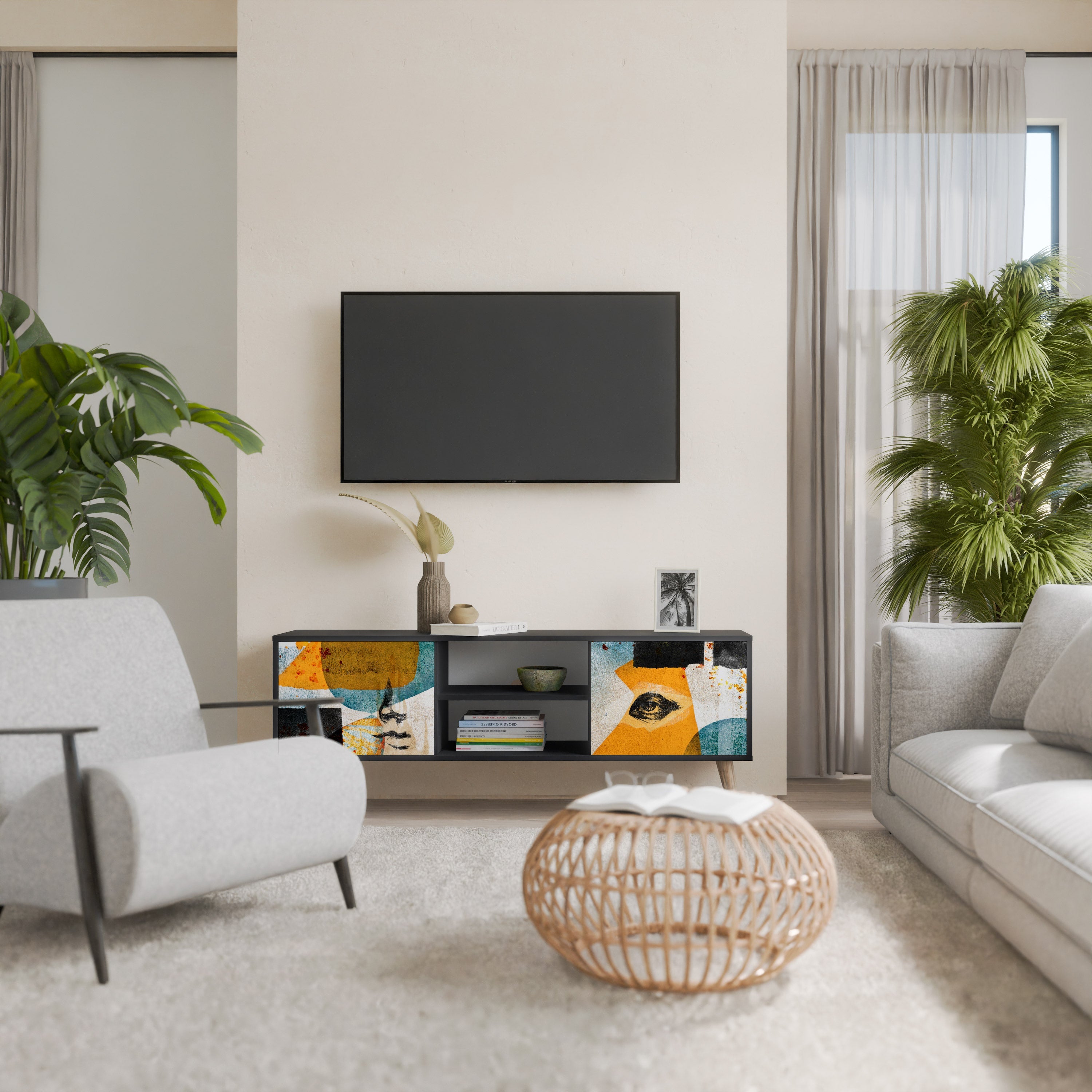 Meuble TV 2 portes ABSTRACT FACES, finition noire