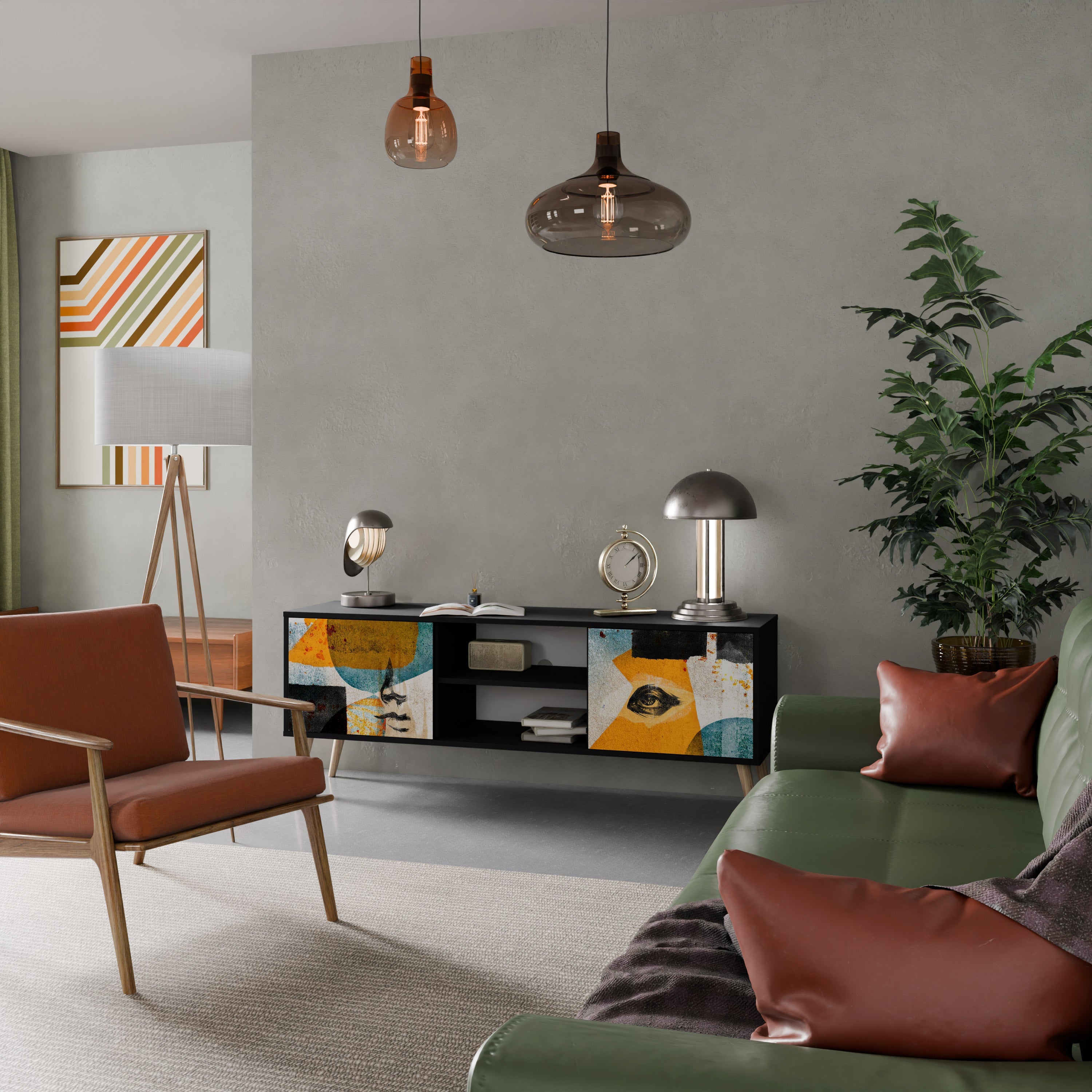 Meuble TV 2 portes ABSTRACT FACES, finition noire