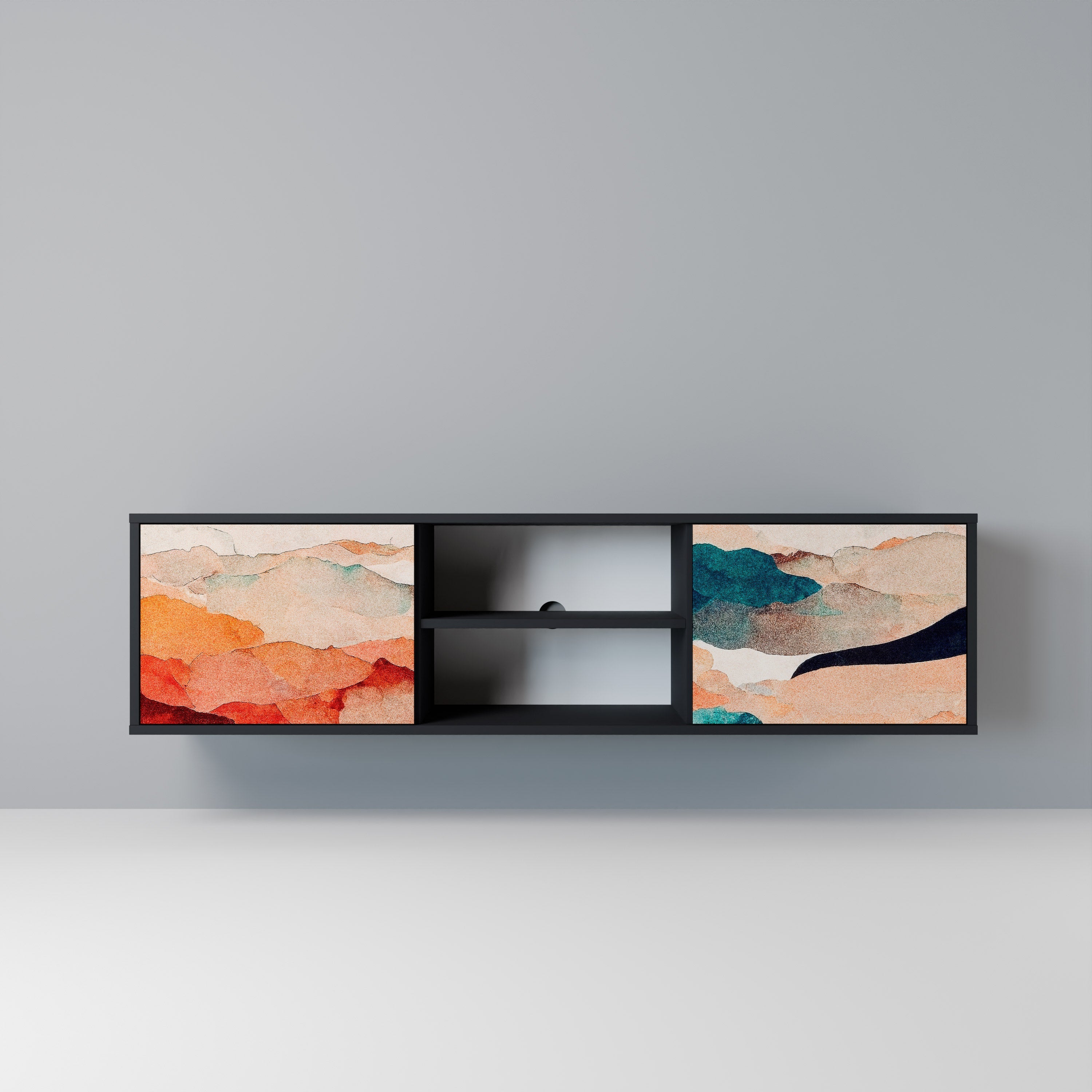 Meuble TV 2 portes ABSTRACT LANDSCAPE, finition noire