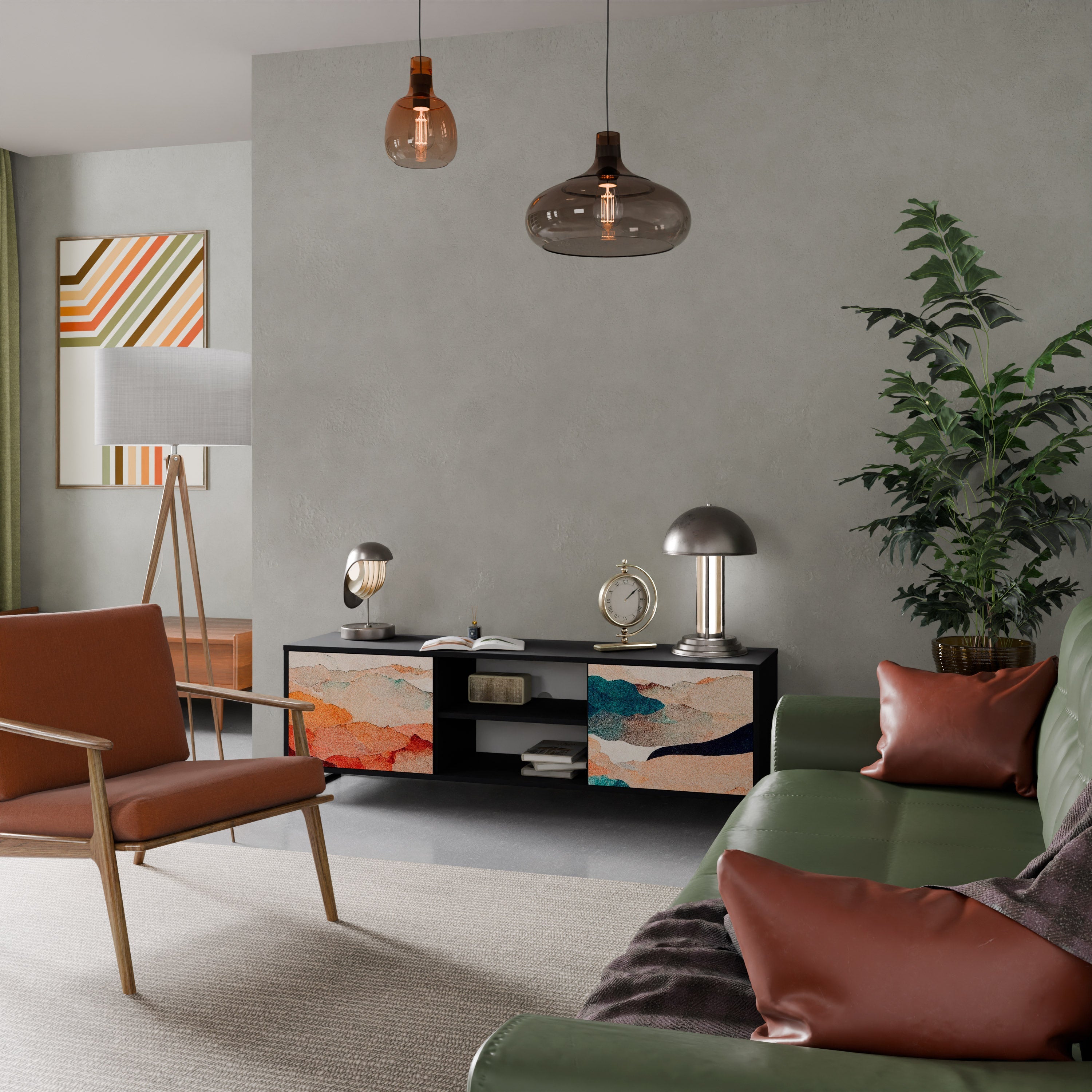 Meuble TV 2 portes ABSTRACT LANDSCAPE, finition noire