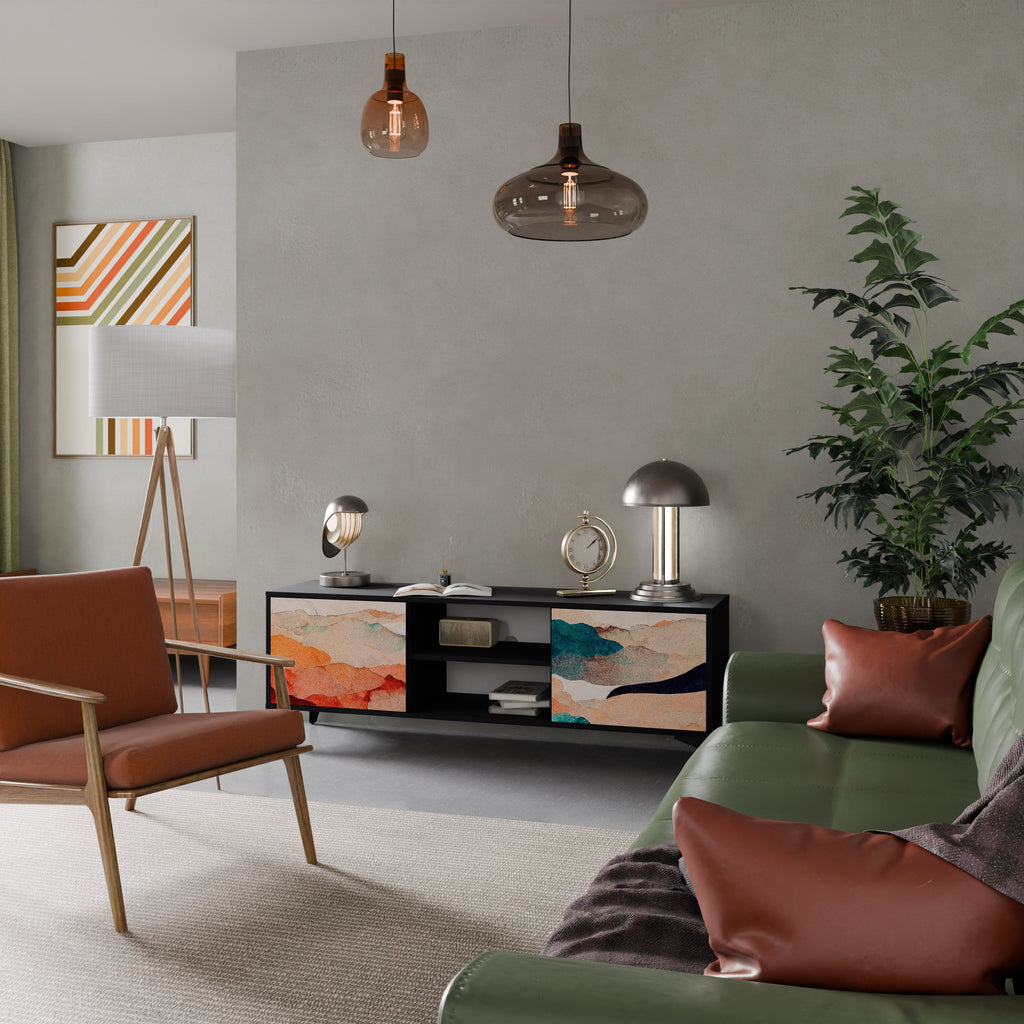 Meuble TV 2 portes ABSTRACT LANDSCAPE, finition noire