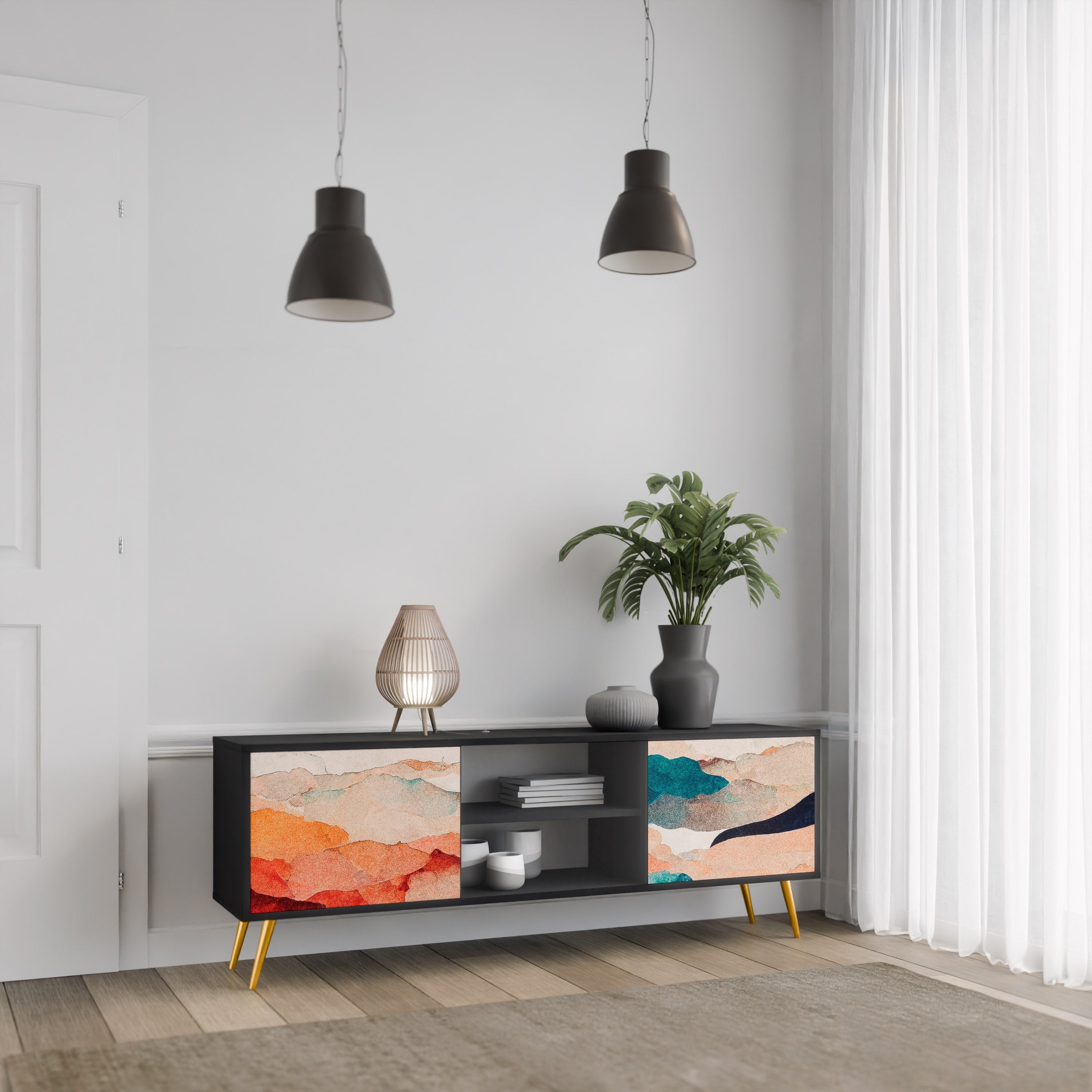 Meuble TV 2 portes ABSTRACT LANDSCAPE, finition noire