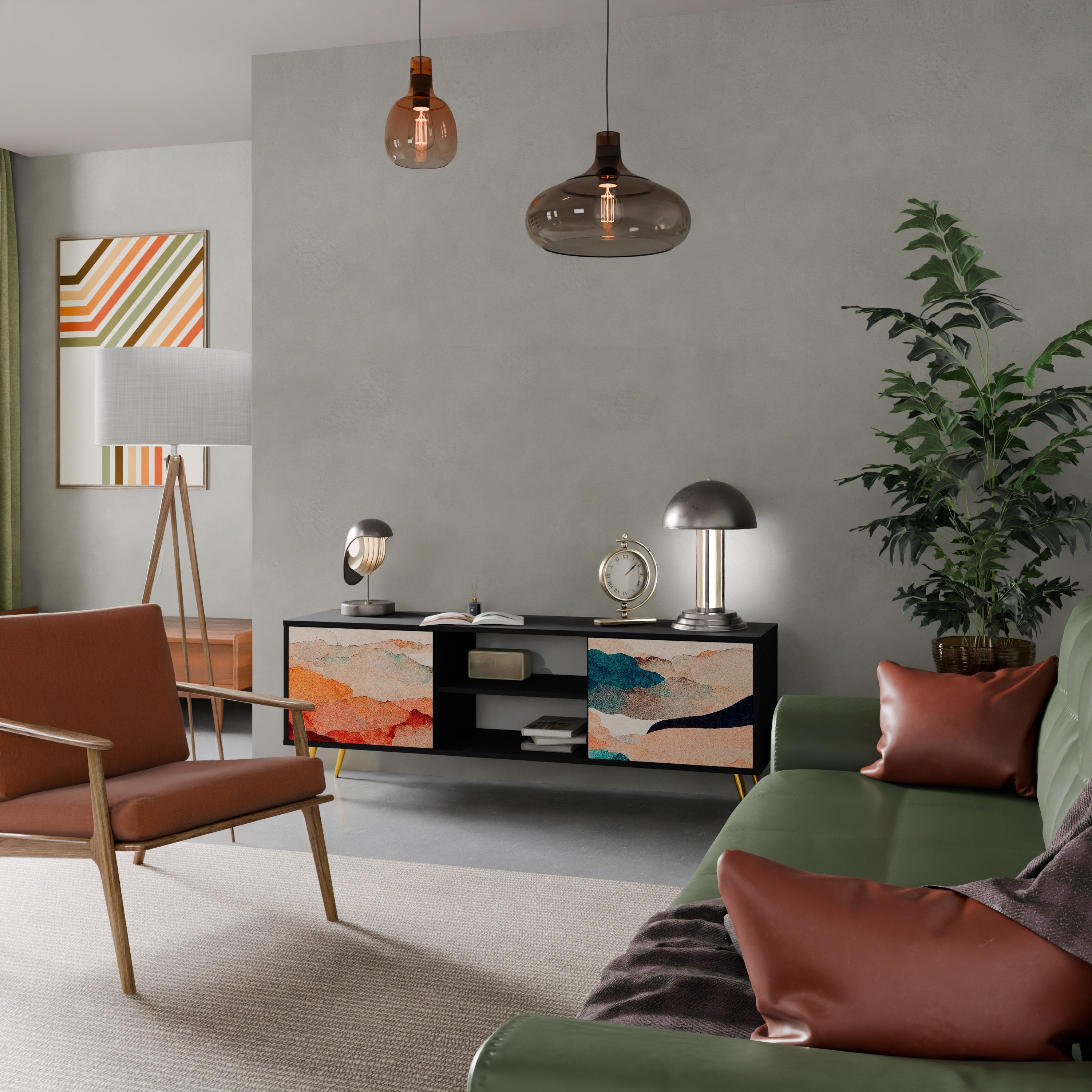 Meuble TV 2 portes ABSTRACT LANDSCAPE, finition noire