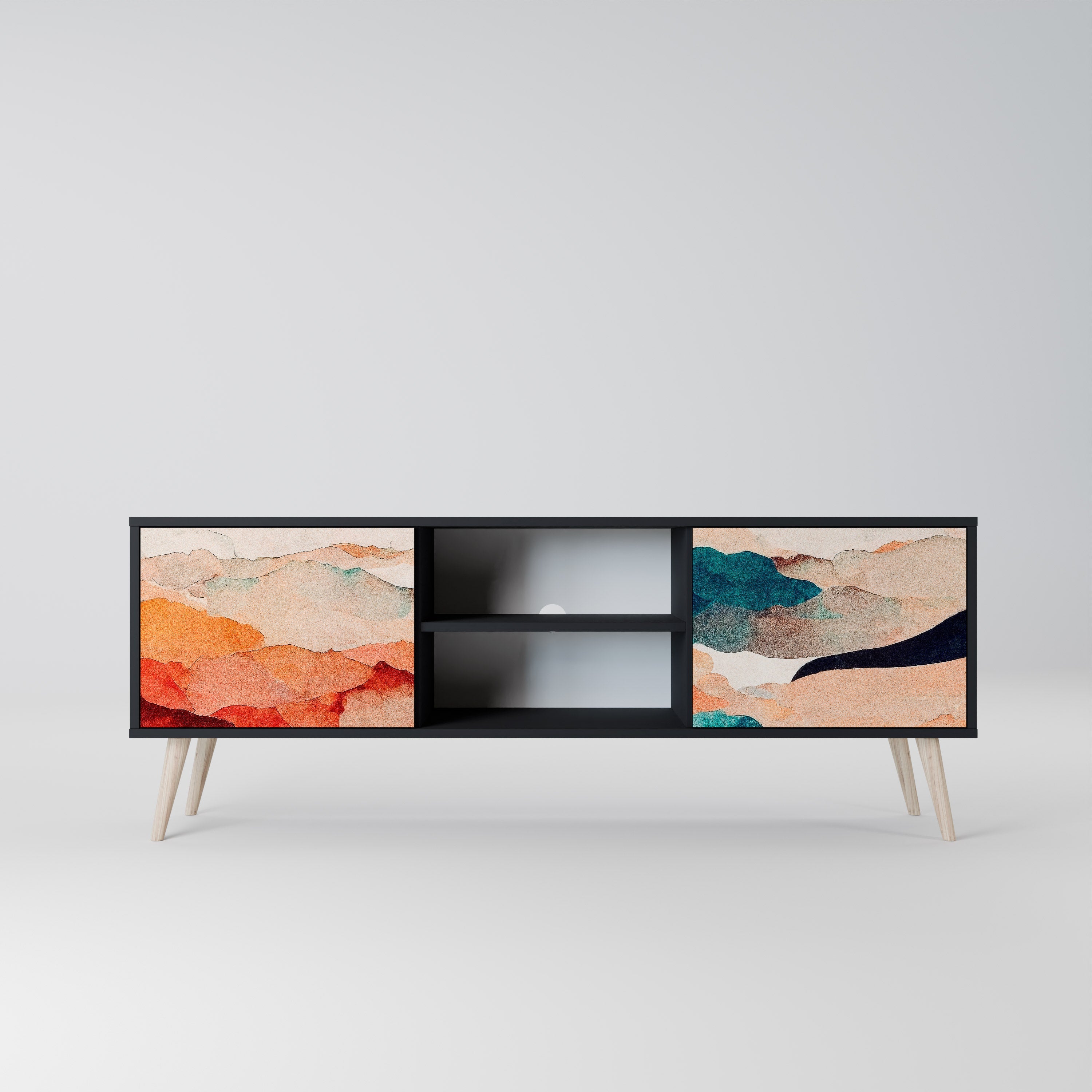 Meuble TV 2 portes ABSTRACT LANDSCAPE, finition noire