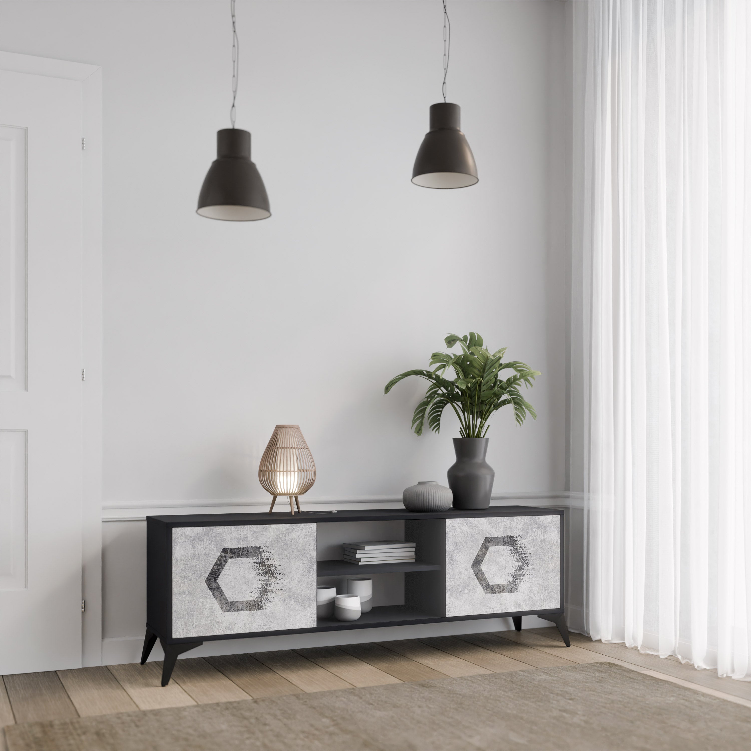 Meuble TV 2 portes FIGURES HEXAGONALES en finition noire