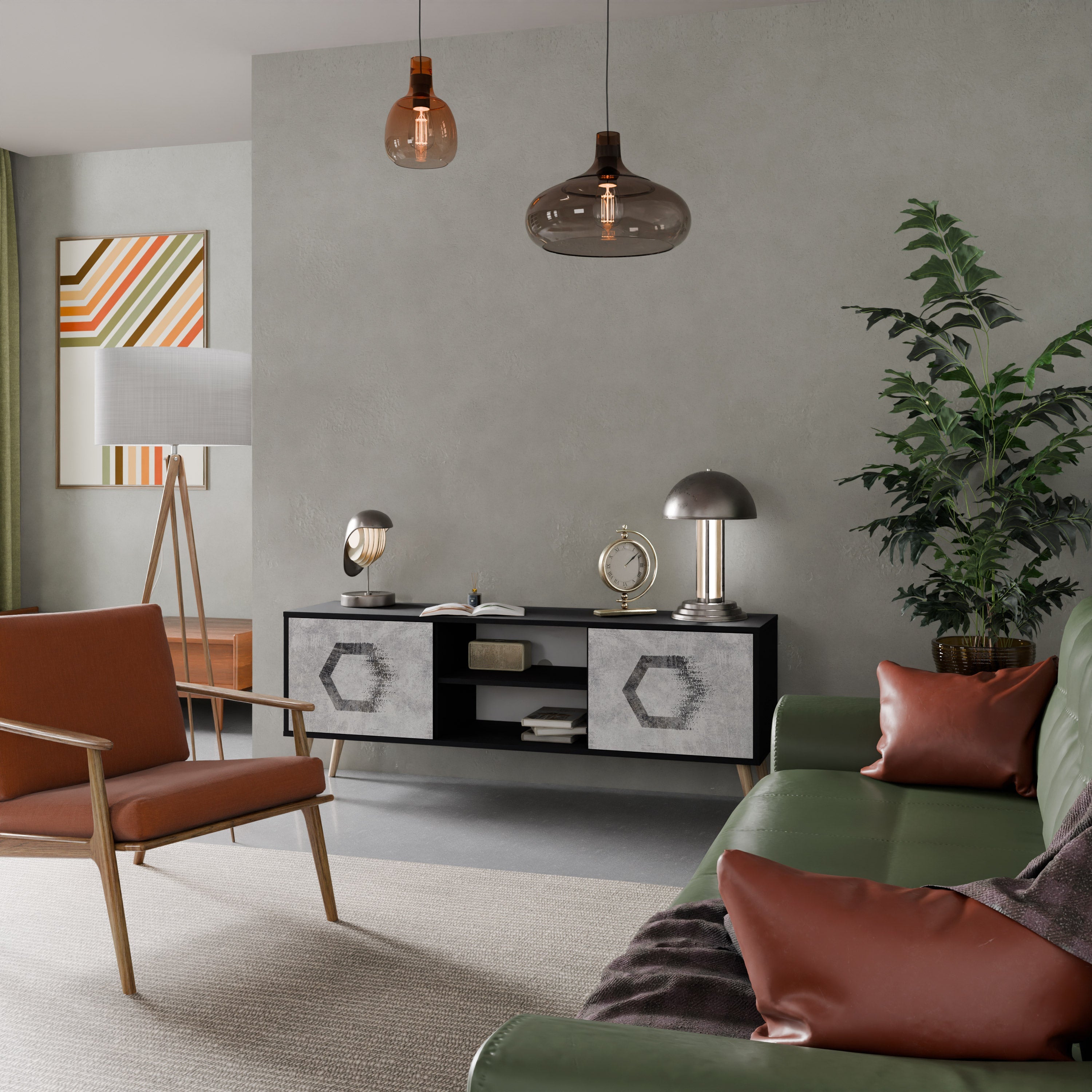 Meuble TV 2 portes FIGURES HEXAGONALES en finition noire