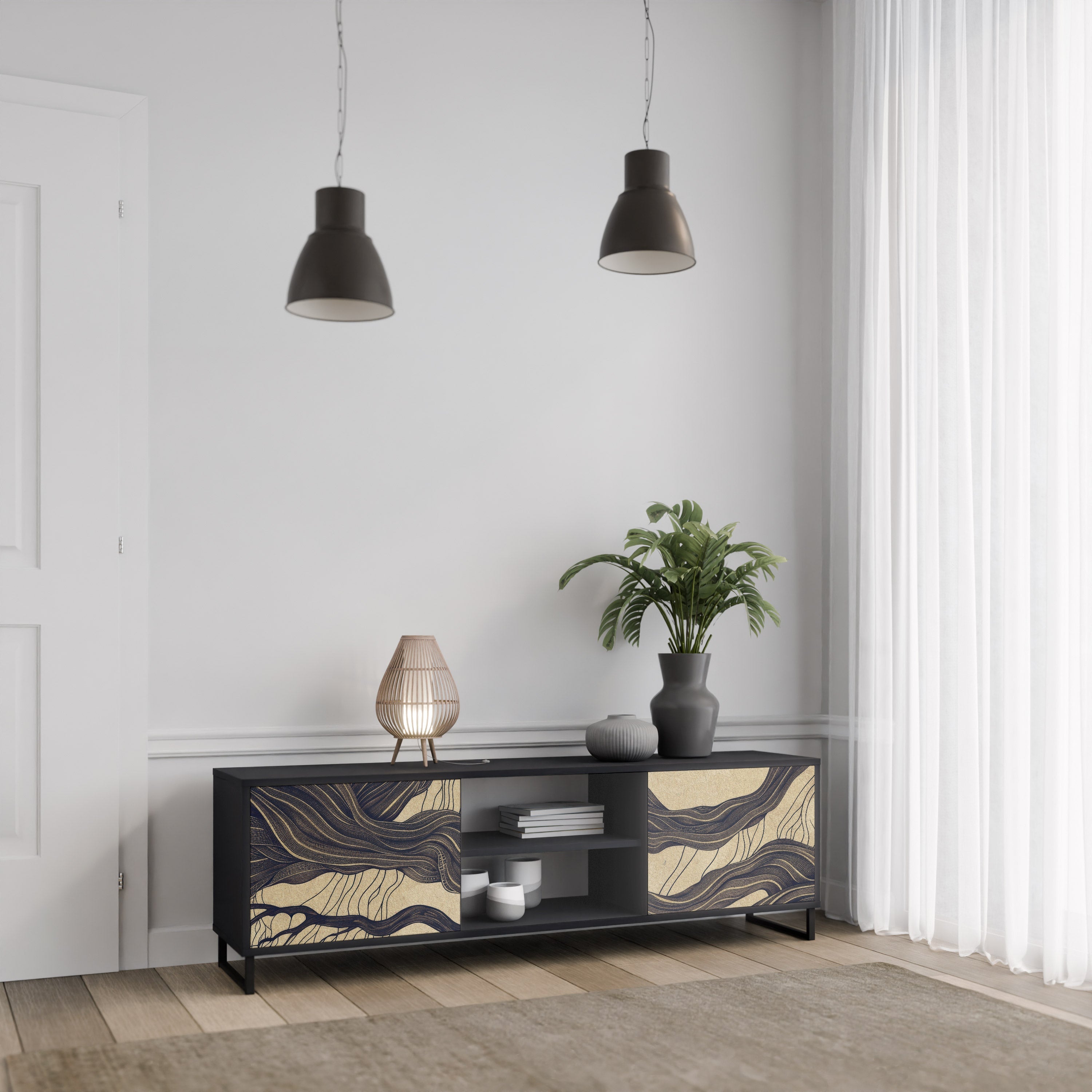 Meuble TV 2 portes UNIFIED FRAGMENTS, finition noire