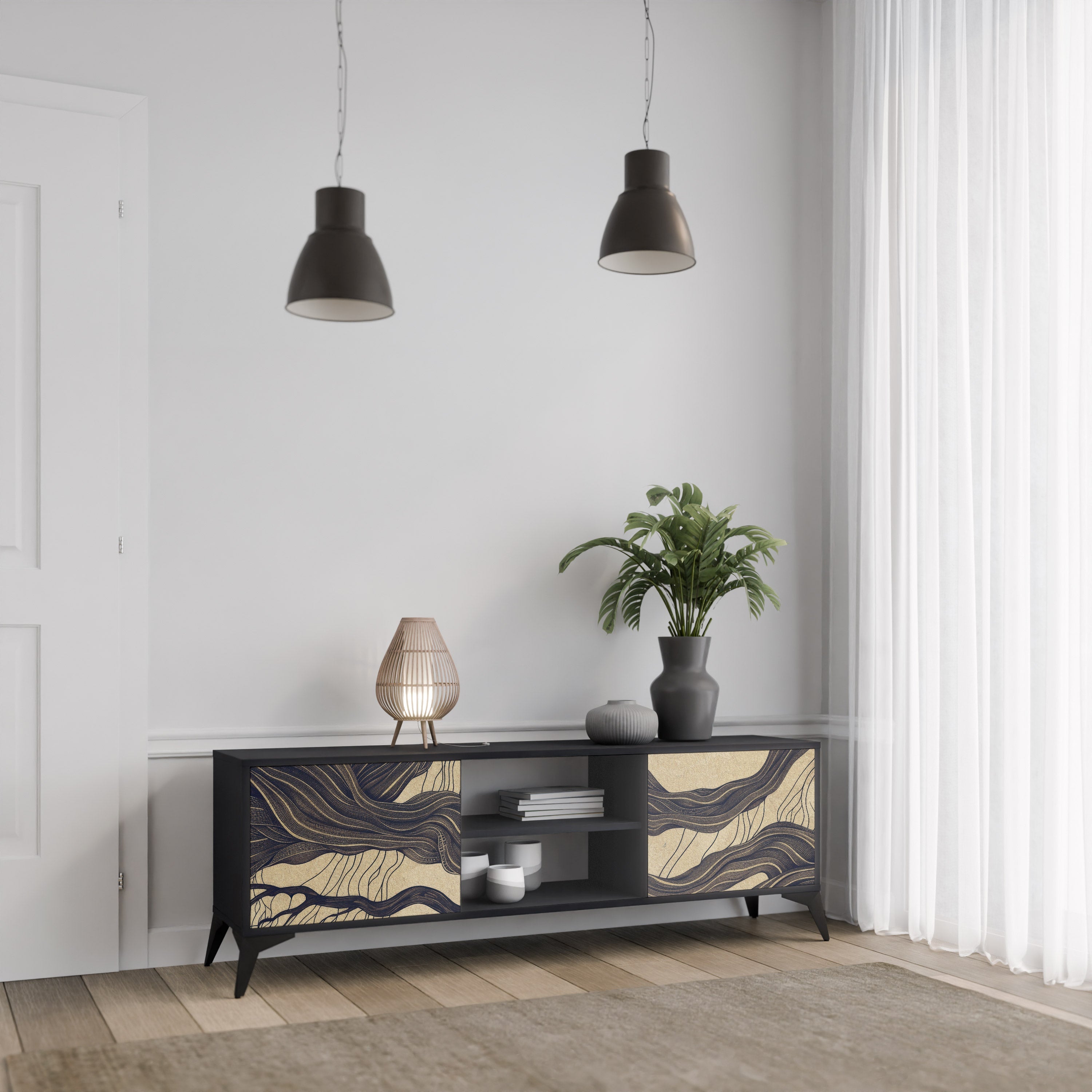 Meuble TV 2 portes UNIFIED FRAGMENTS, finition noire