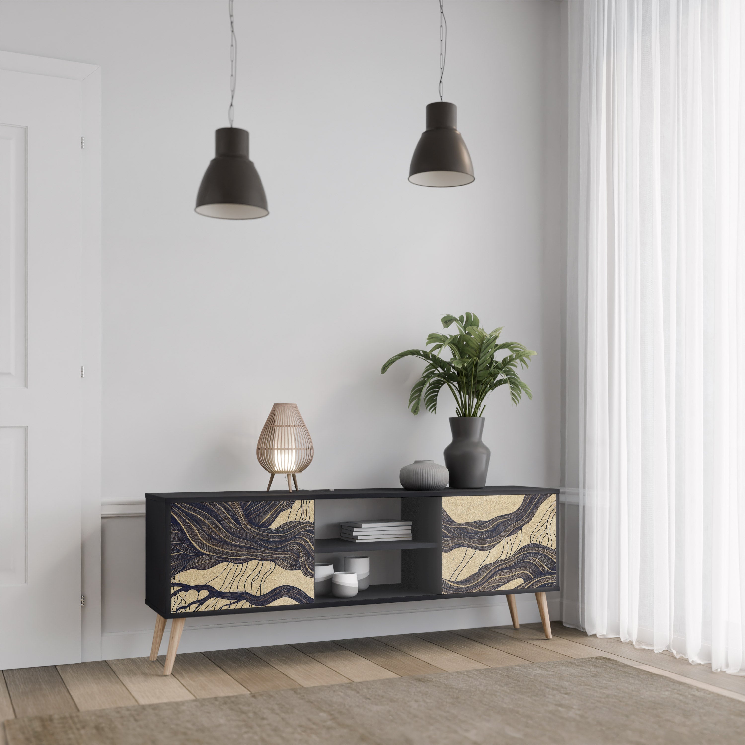 Meuble TV 2 portes UNIFIED FRAGMENTS, finition noire