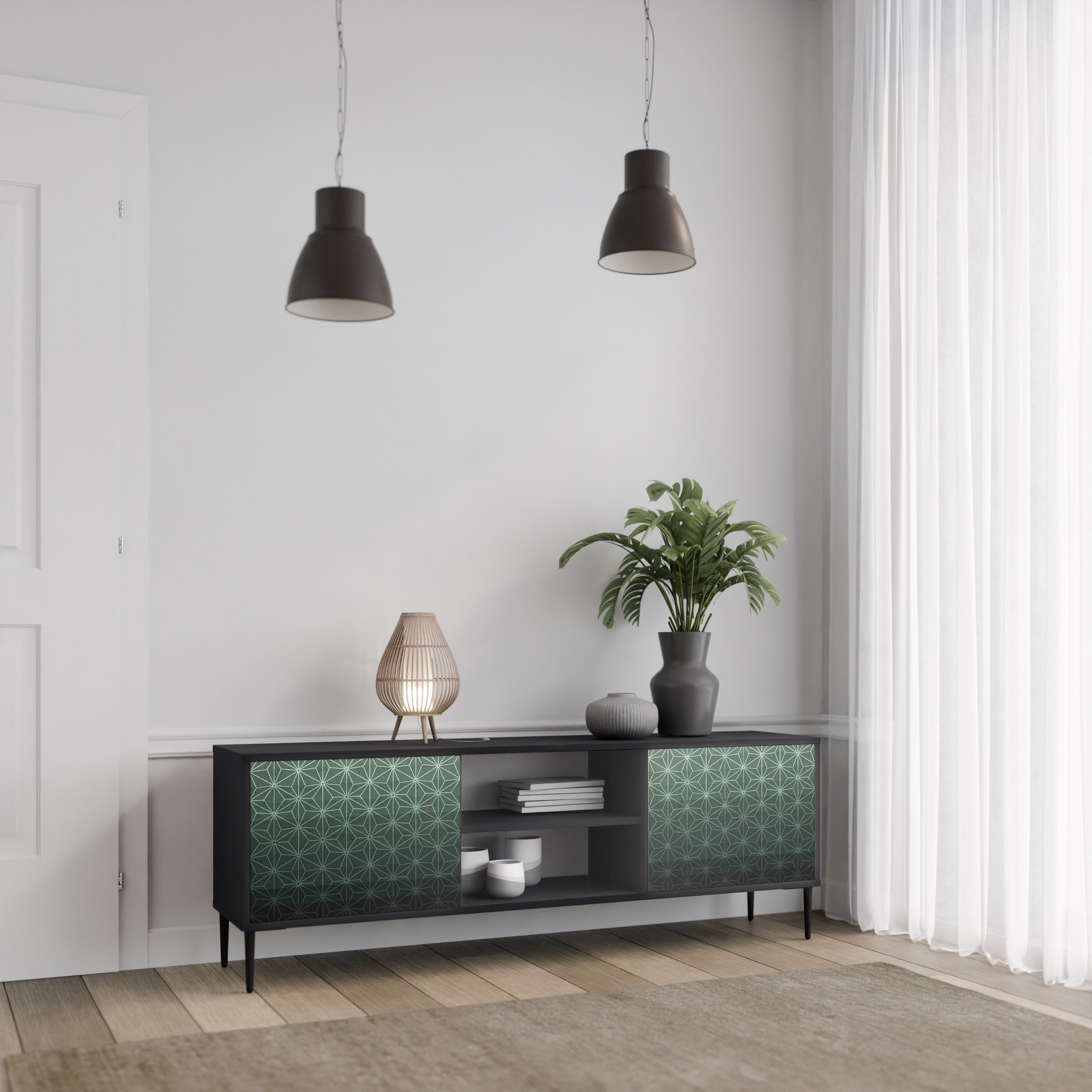 Meuble TV 2 portes ORNAMENTAL GLIMMER en finition noire