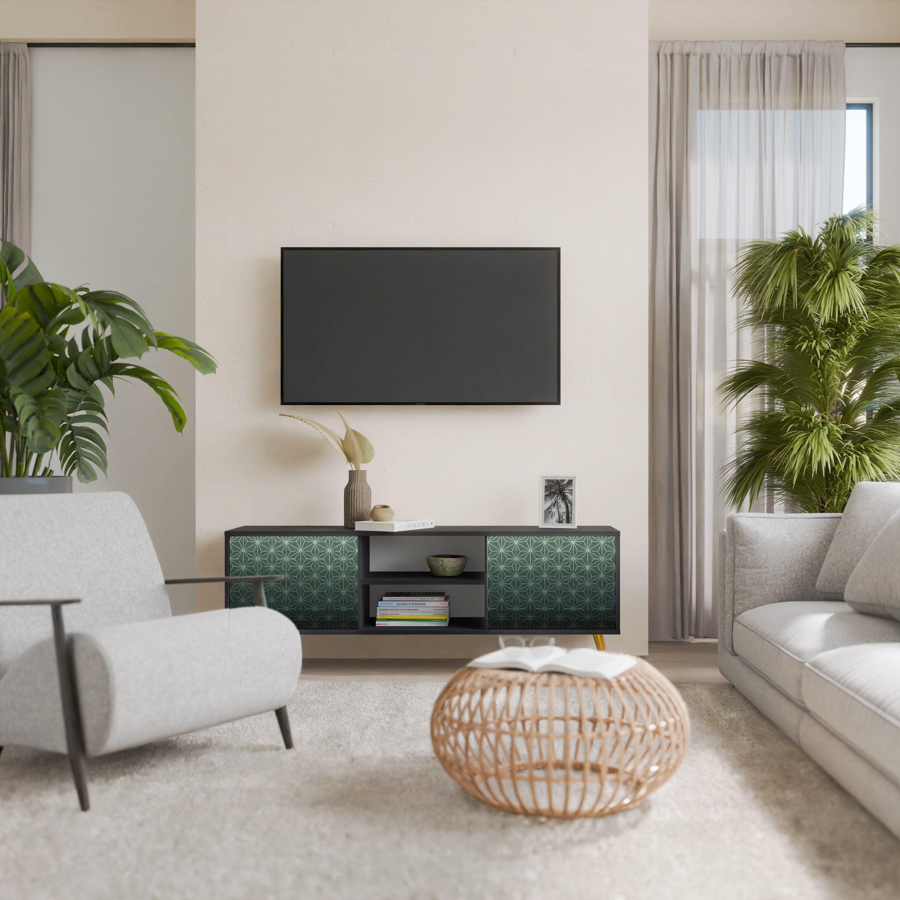 Meuble TV 2 portes ORNAMENTAL GLIMMER en finition noire