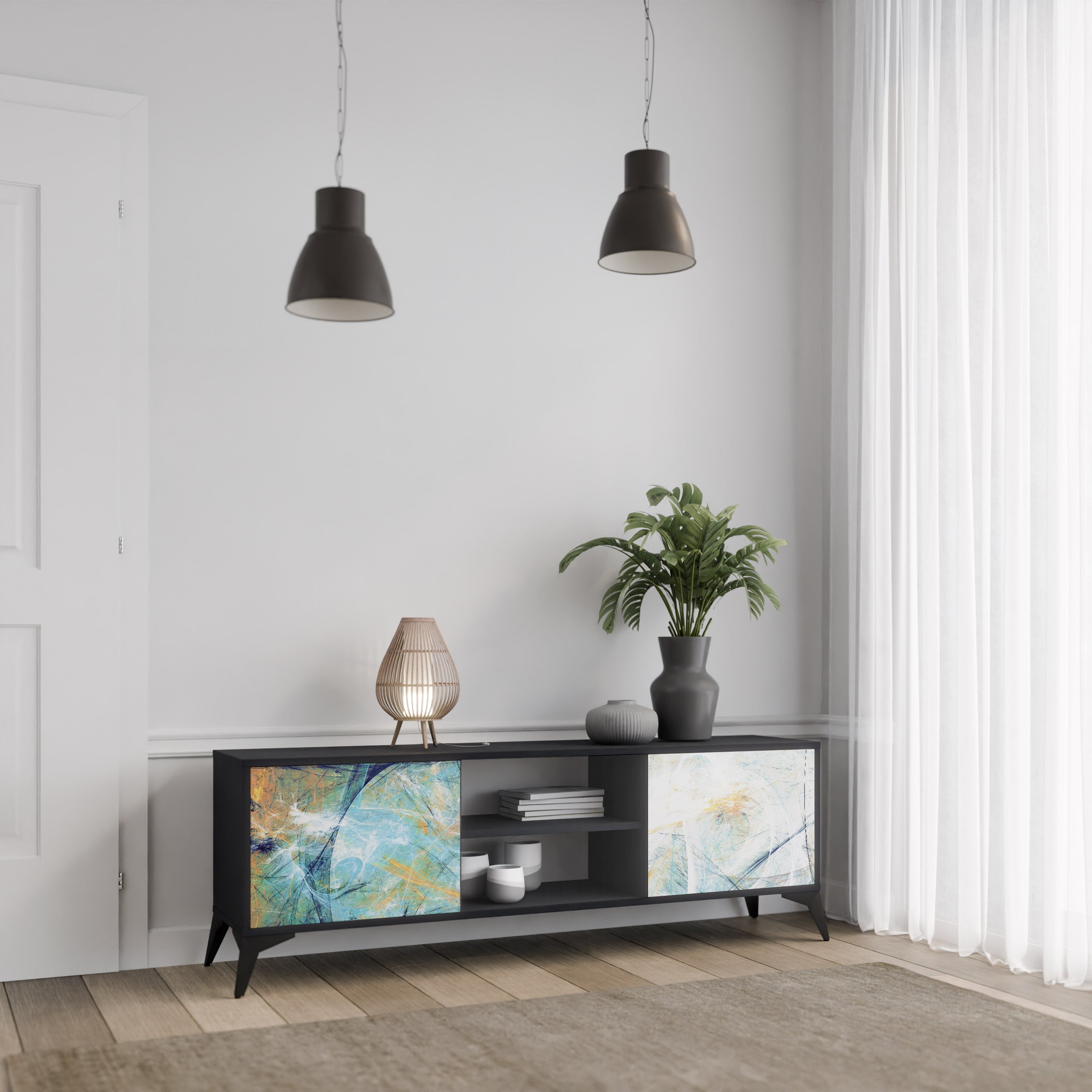 RÉFLEXIONS ABSTRAITES Meuble TV 2 portes en finition noire