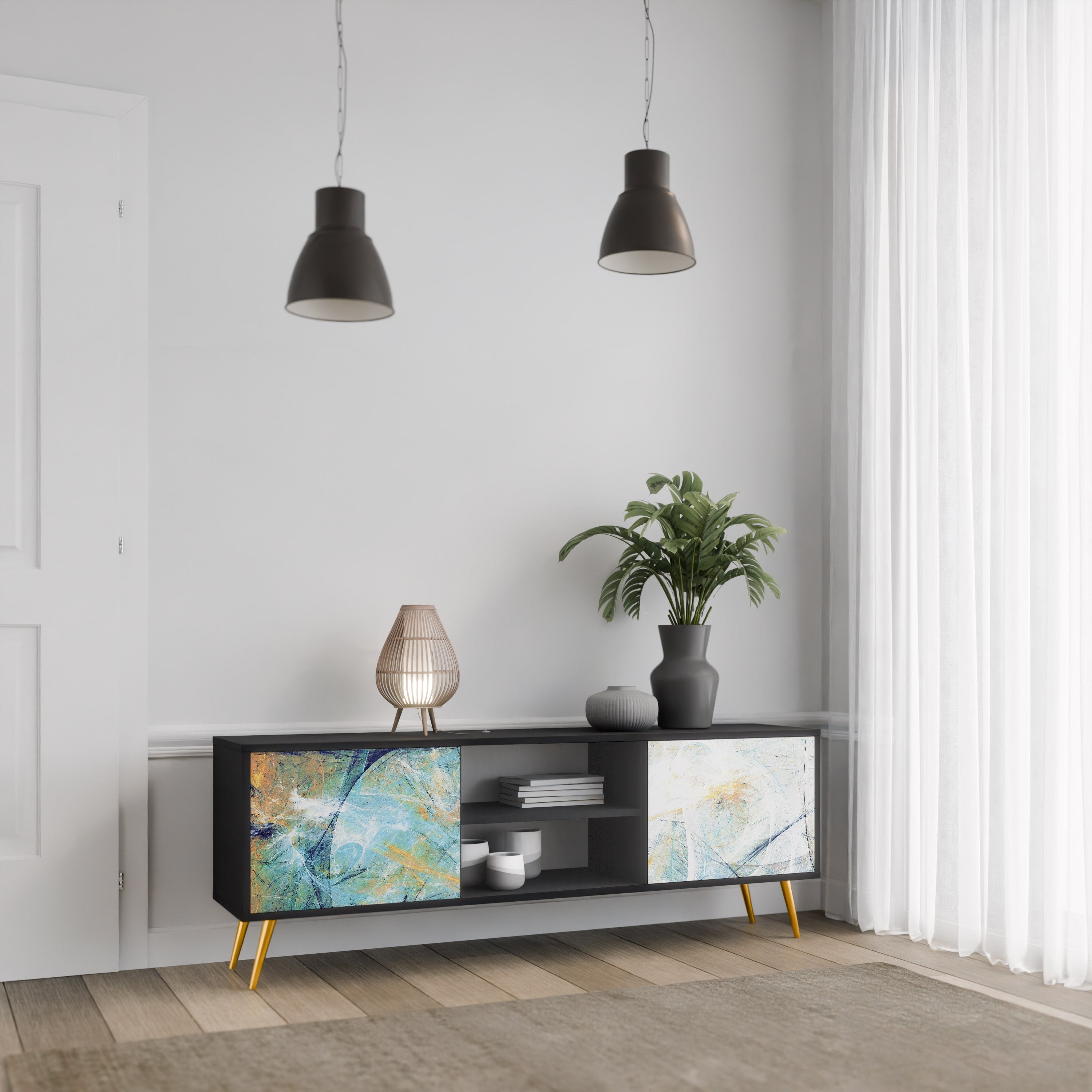 RÉFLEXIONS ABSTRAITES Meuble TV 2 portes en finition noire