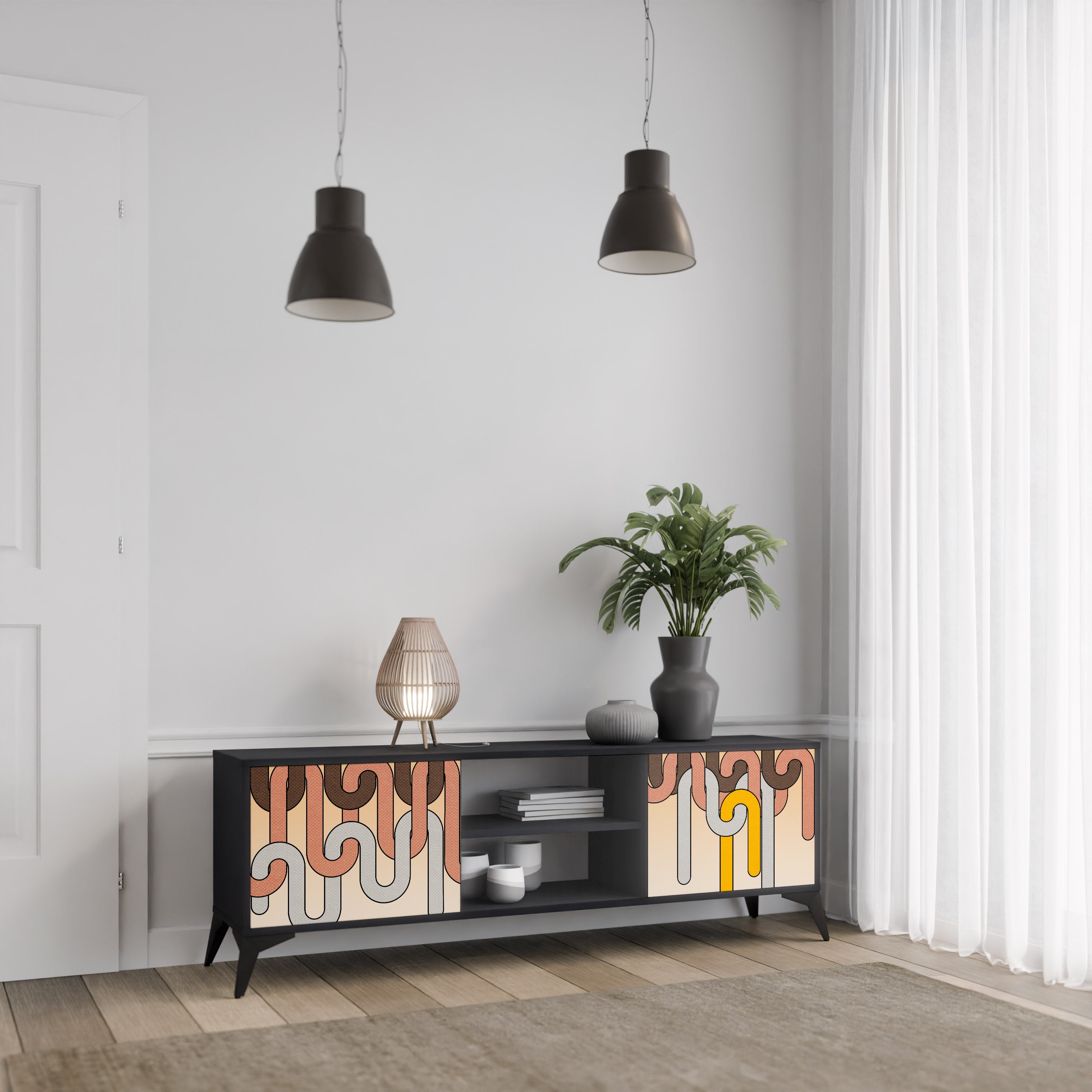 COLORFUL STRINGS 2-Door TV Stand in Black Finish