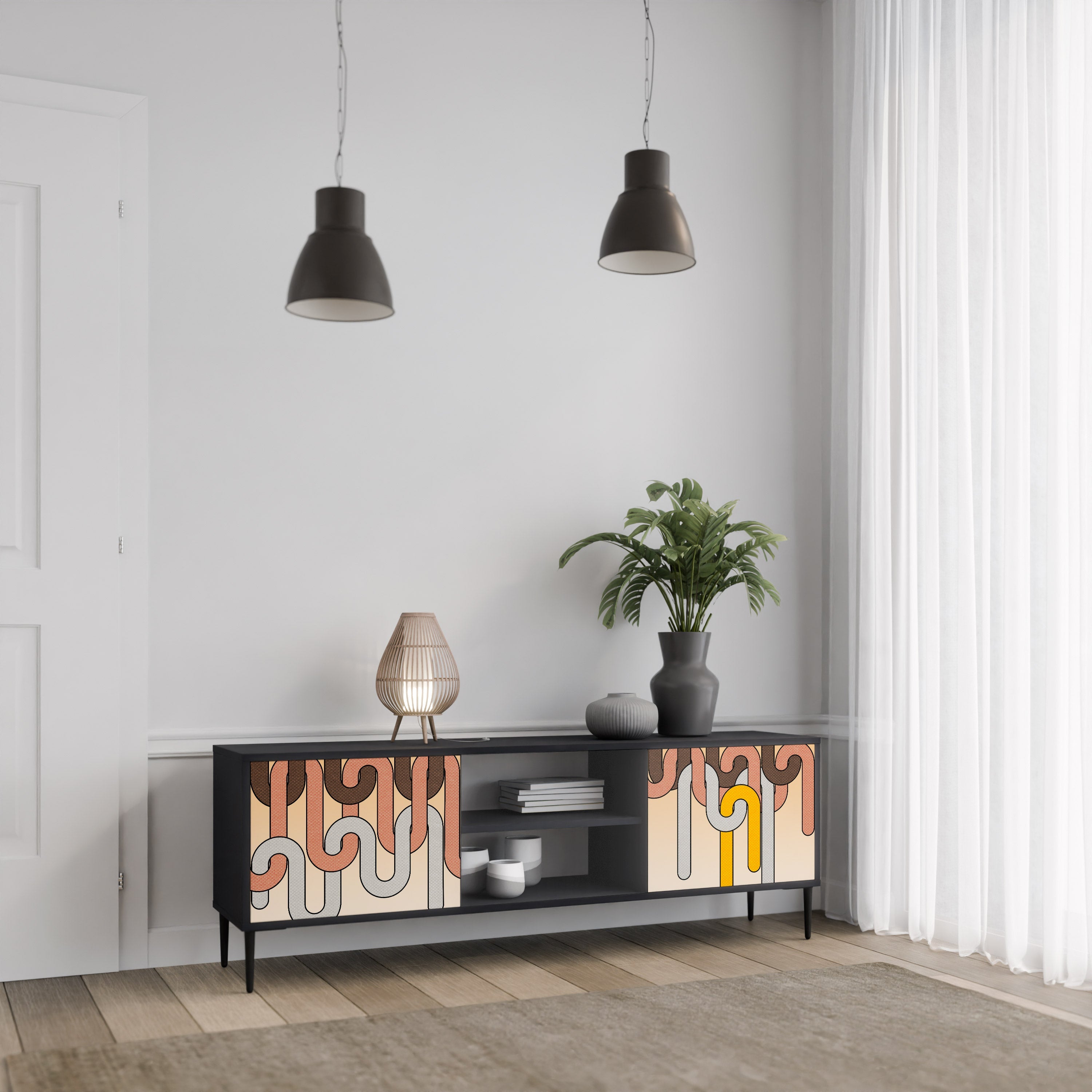 COLORFUL STRINGS 2-Door TV Stand in Black Finish