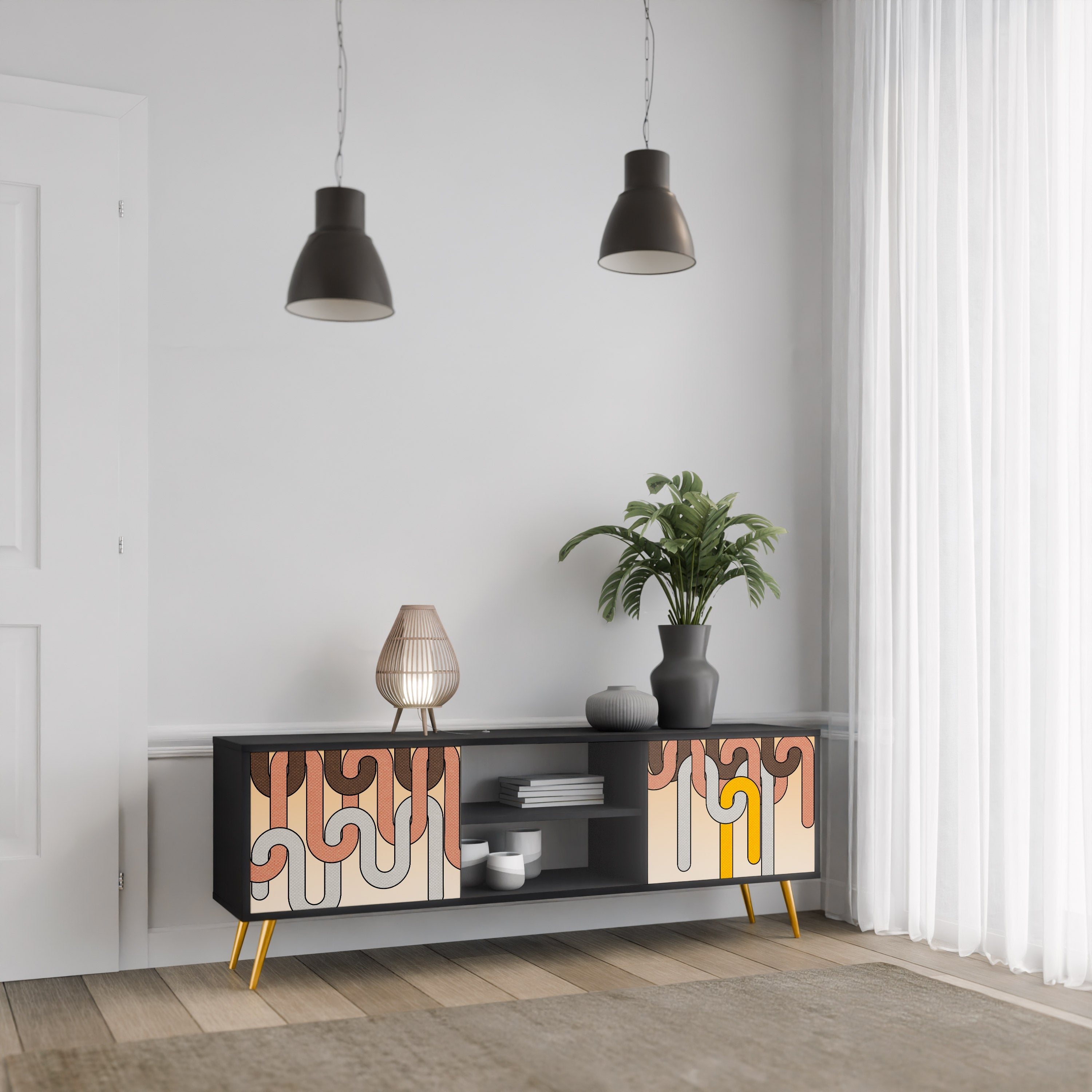 COLORFUL STRINGS 2-Door TV Stand in Black Finish