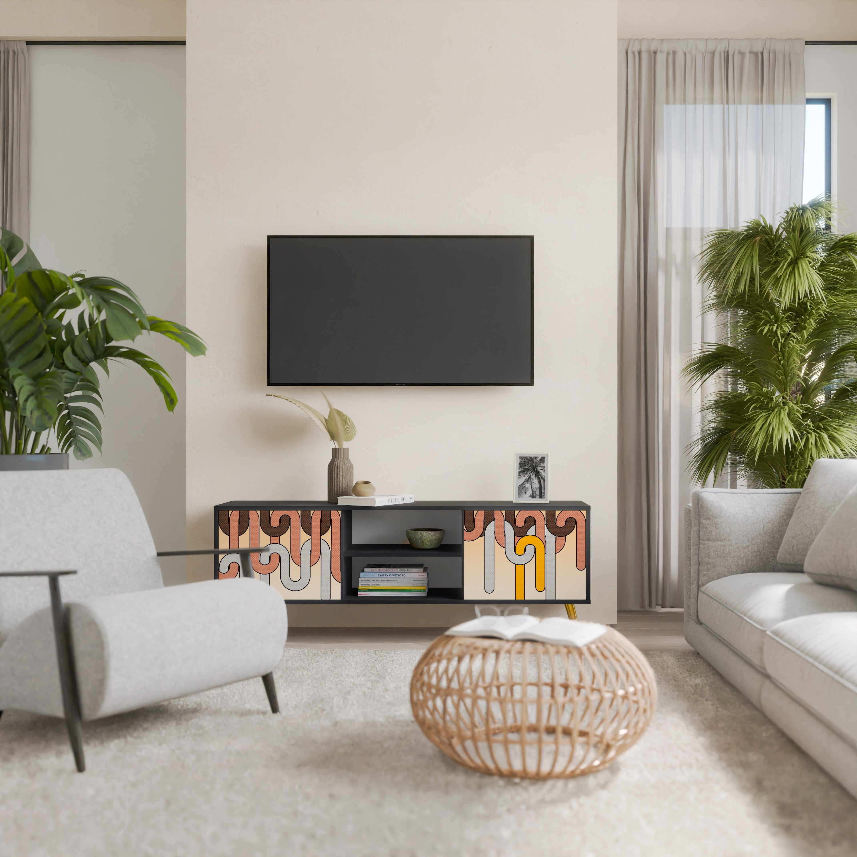 COLORFUL STRINGS 2-Door TV Stand in Black Finish